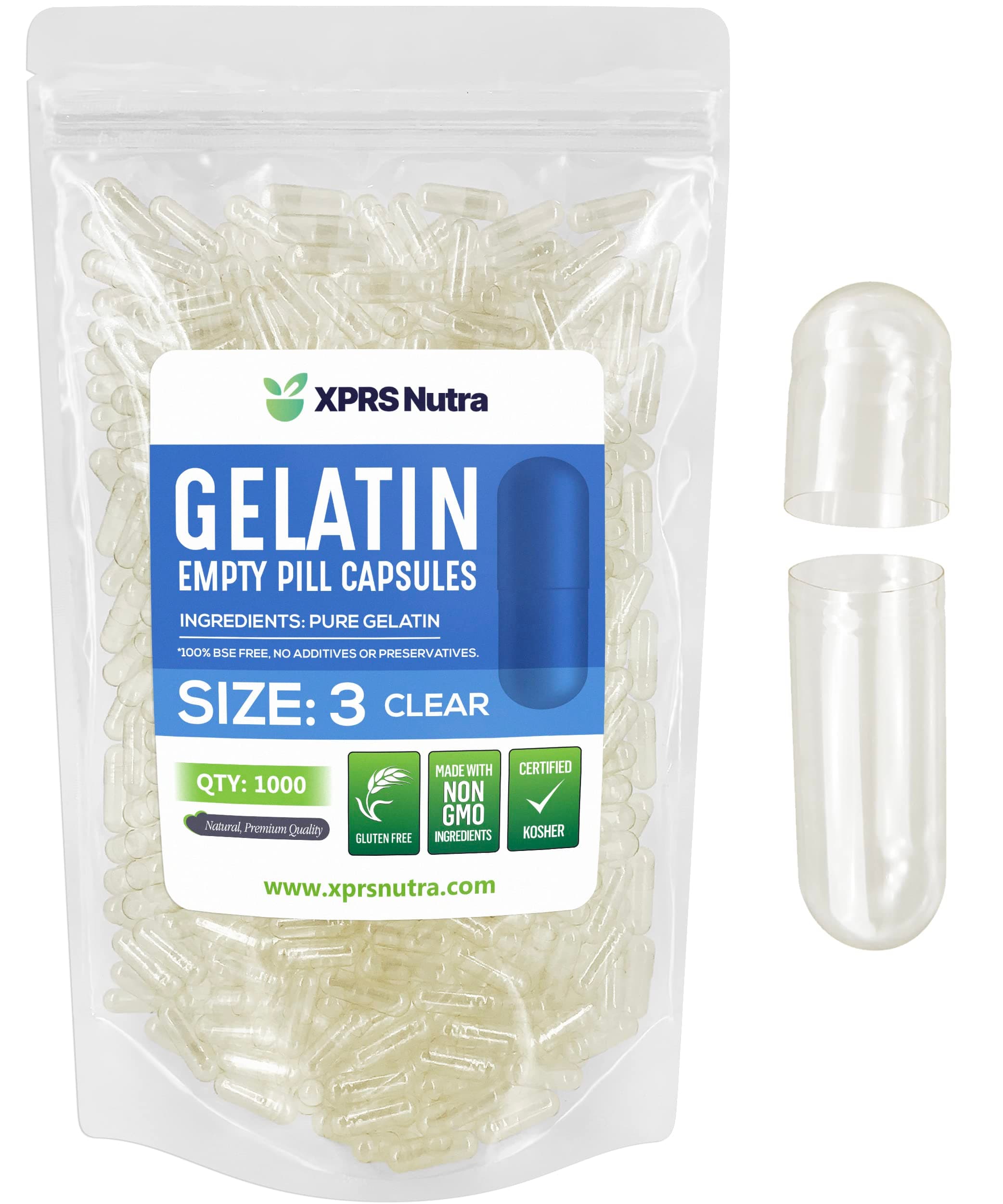 XPRS Nutra Size 3 Empty Capsules - 1000 Count Empty Gelatin Capsules - Pills DIY Capsule Filling - Clear Pure Bovine Pill Gel Cap Fillable for Do-It-Yourself Vitamins and Supplements
