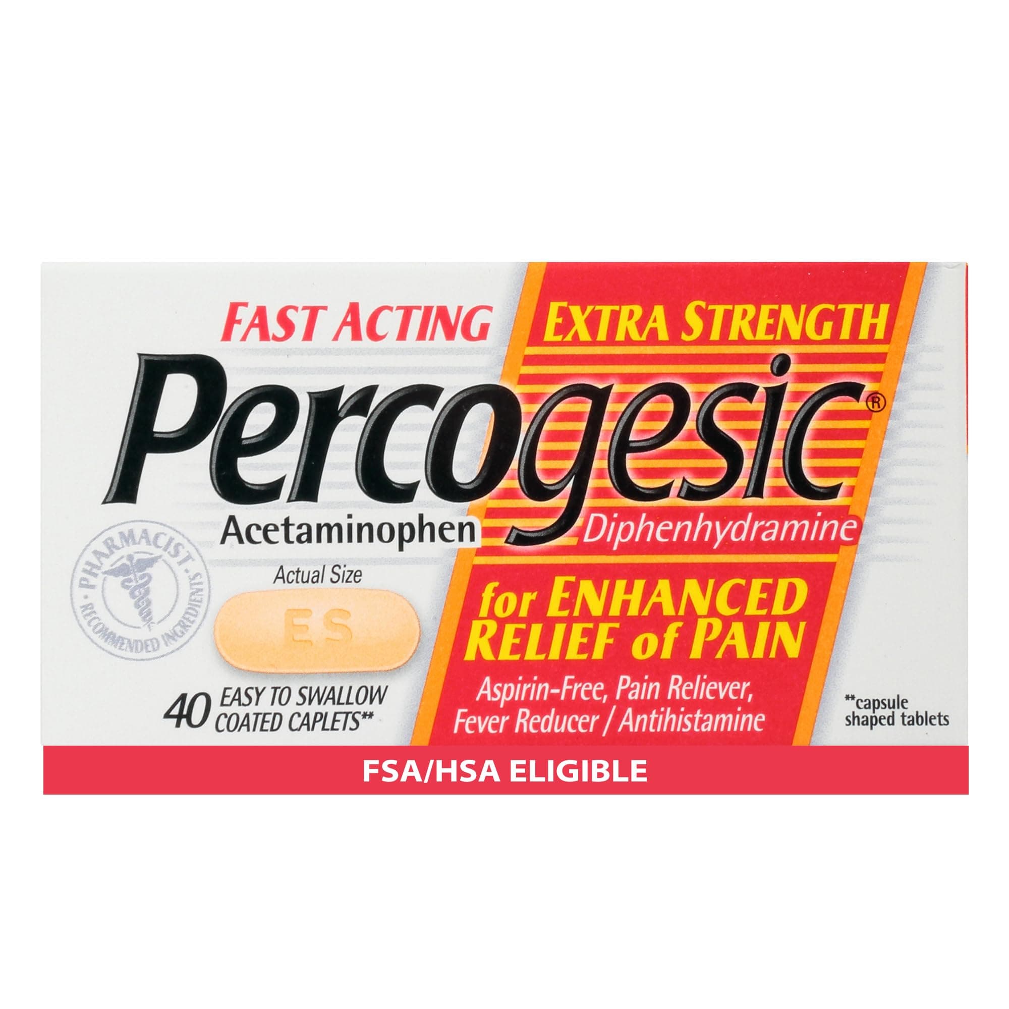 Percogesic Extra Strength Pain Relief | Aspirin Free Dual Action Relief | 40 Coated Caplets