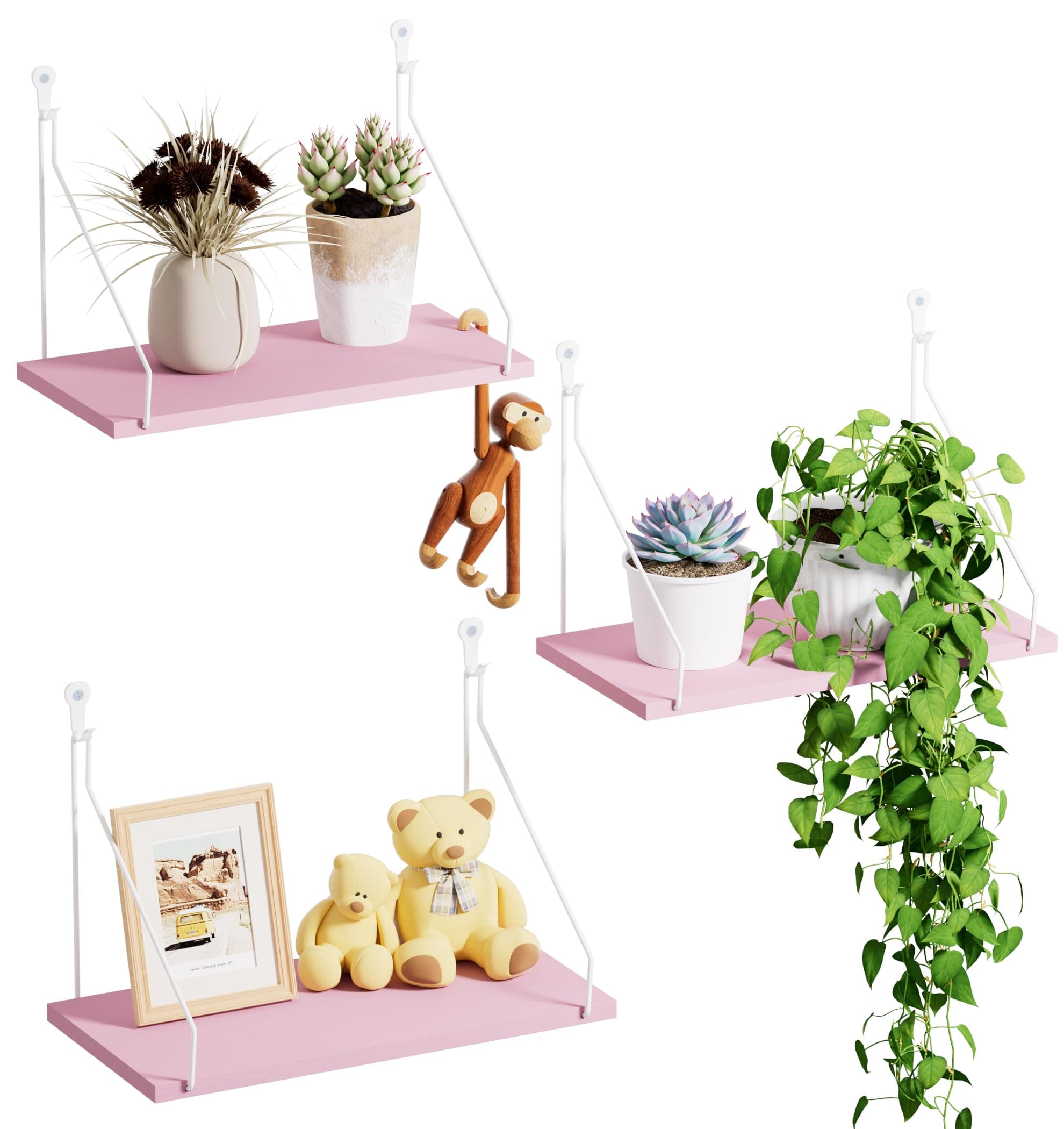 Elevate Your Space with Rustic Wood Floating Shelves Set of 3- Perfect for Bedroom, Living Room, Bathroom, and Kitchen Decor - Easy Installation, No Drilling Needed!