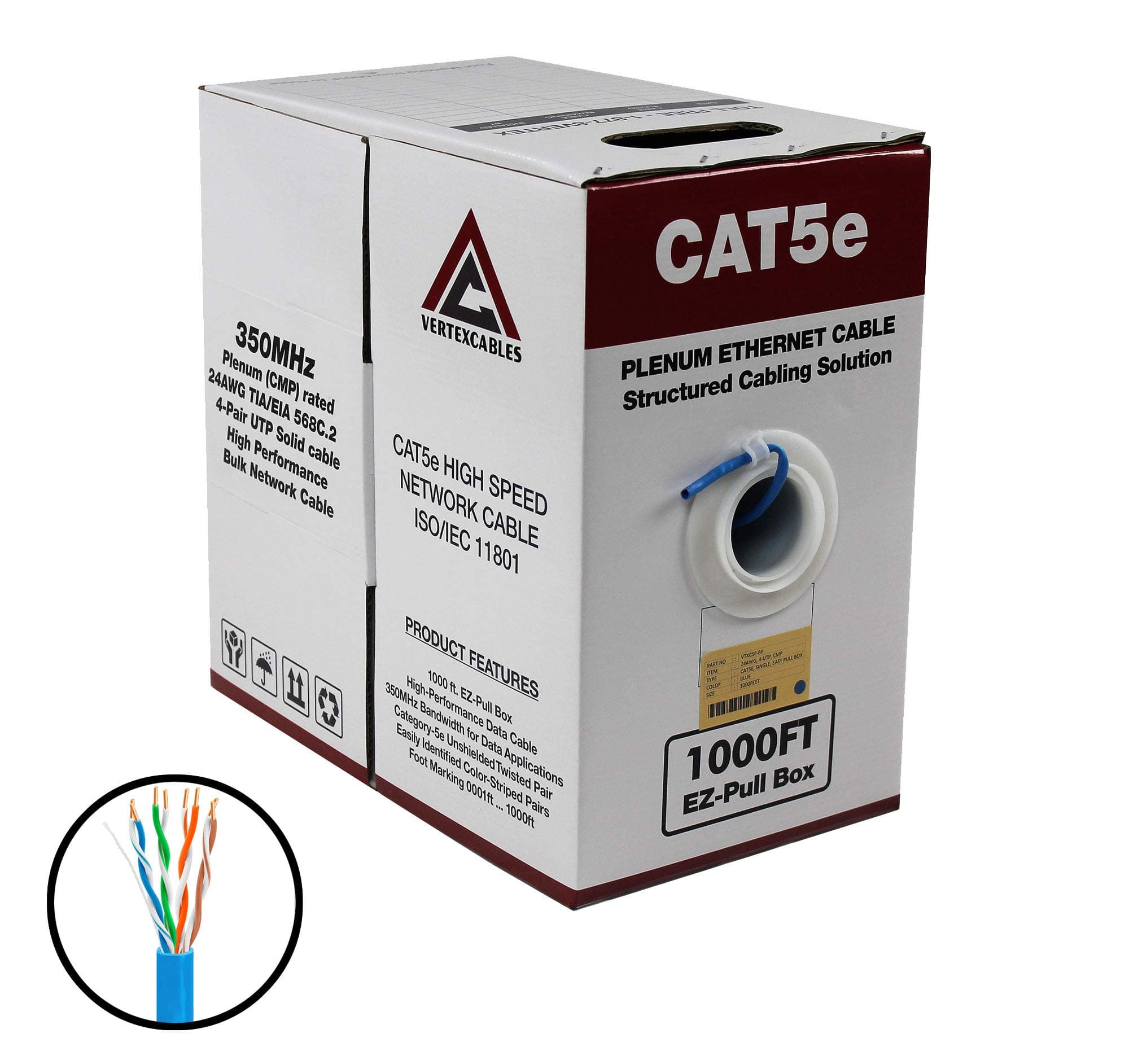 CAT5E PLENUM 1000FT 350MHZ 24AWG BLUE SOLID NETWORK CABLE CMP
