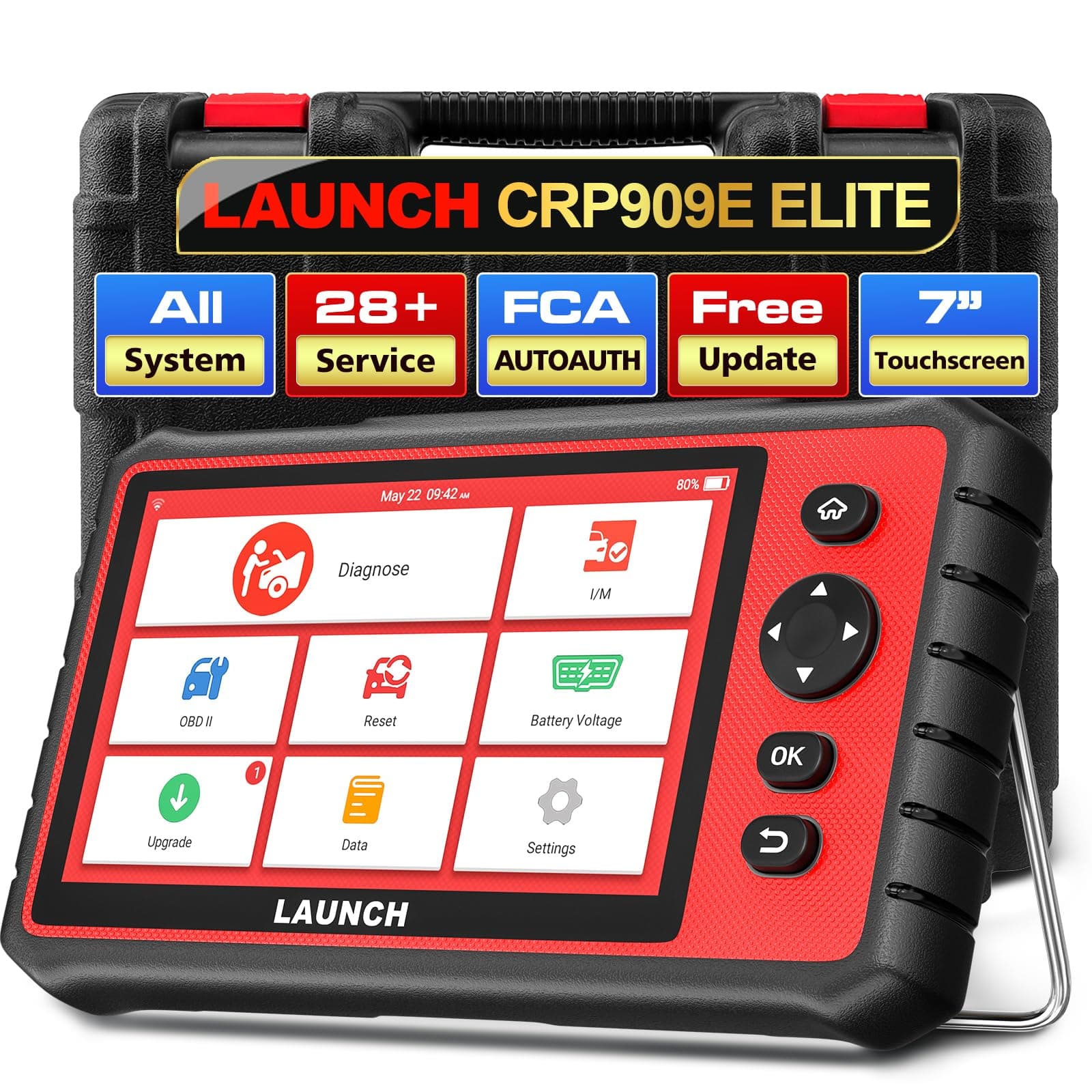 LAUNCH OBD2 Scanner CRP909E, 2023 Newest Full System 7 Inch Automotive Diagnostic Scanner with 28+Reset Functions, FCA AutoAuth,Key IMMO,Reset Oil Lamp,TPMS,ABS,Bleeding,Injector Coding, Auto VIN