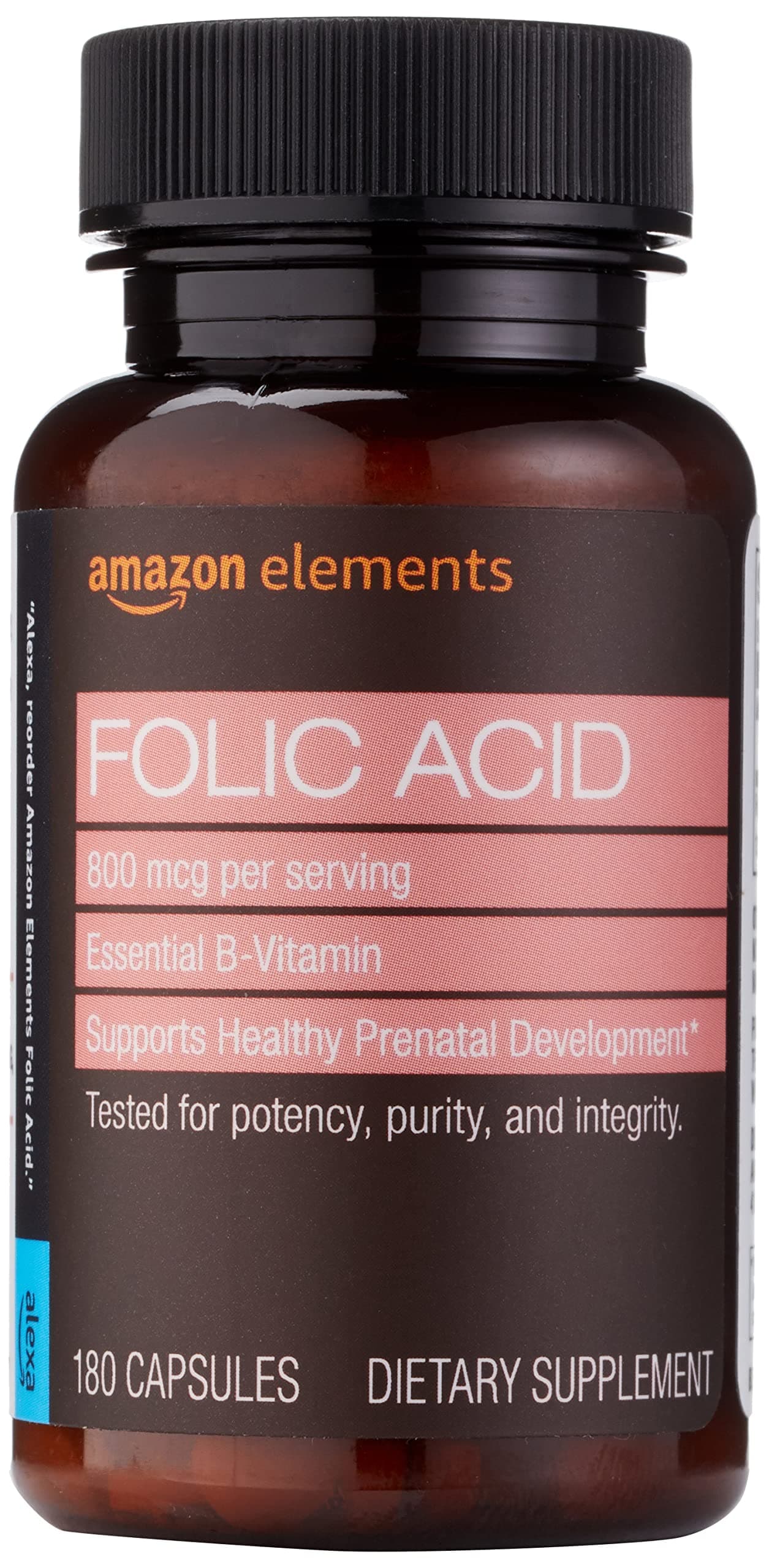 Amazon Elements - Folic Acid, 800 mcg per serving, Tablet, 180 Count, Pack of 1, Women's Dietary Supplement for Healthy Prenatal Development, 6 Months of Supply