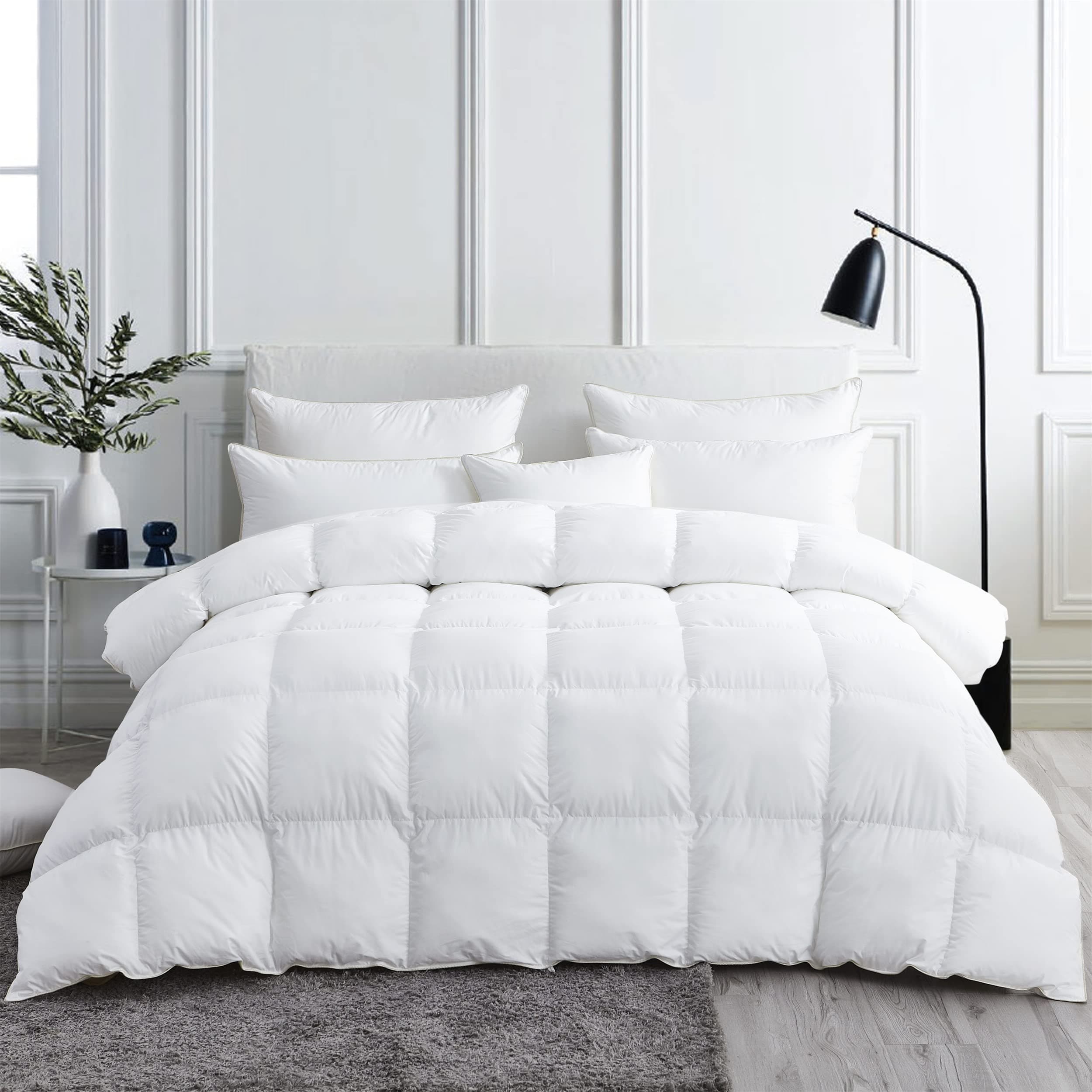 Luxurious White Solid Medium Weight, Palatial King Size Goose Feathers Down Comforter for All-Season Weather, 120 X 98 inches, Premium Baffle Box, 100% Egyptian Cotton Cover, 85 oz. Fill Weight