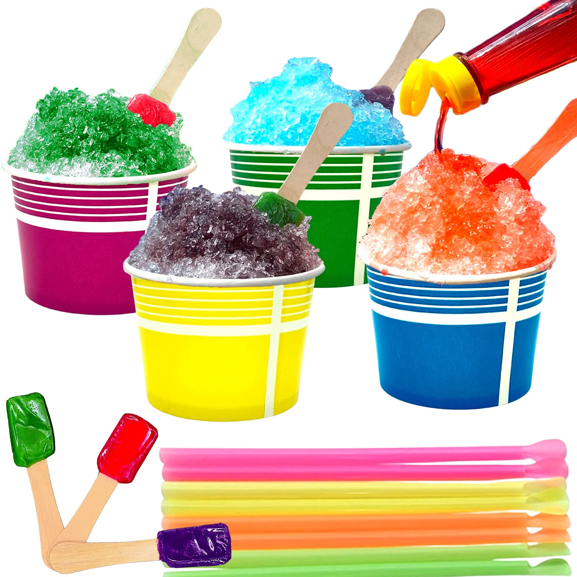 140 Piece Multi-Colored Snow Cone/Shaved Ice Kit - Includes 40 (12oz) Yellow, Pink, Green and Blue Cups, 50 Candy Spoons, and 50 Neon Straws - Perfect For Birthdays, Sporting Events, Festivals