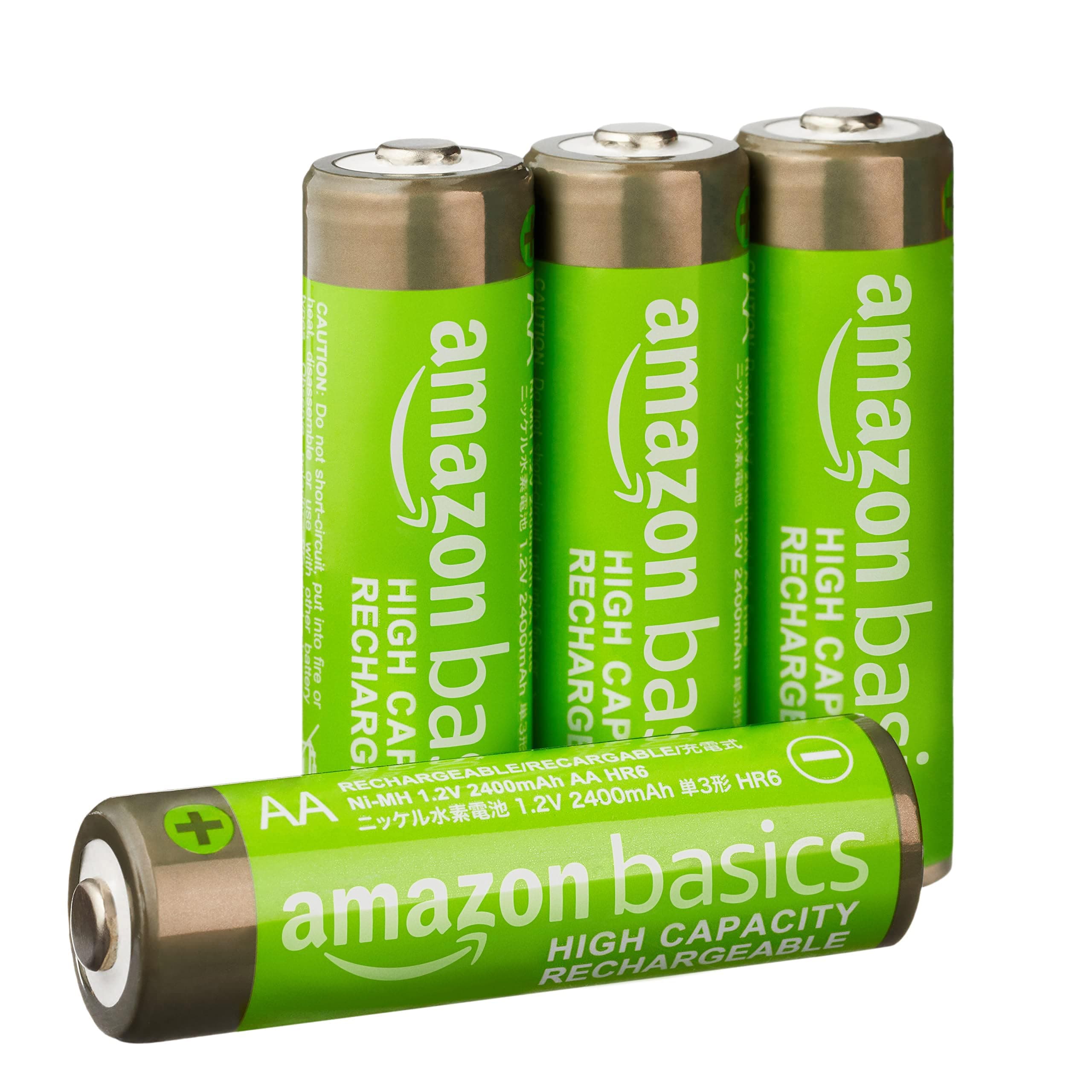 Amazon Basics 4-Pack Rechargeable AA NiMH High-Capacity Batteries, 2400 mAh, 1.2V, Recharge up to 400x Times, Pre-Charged