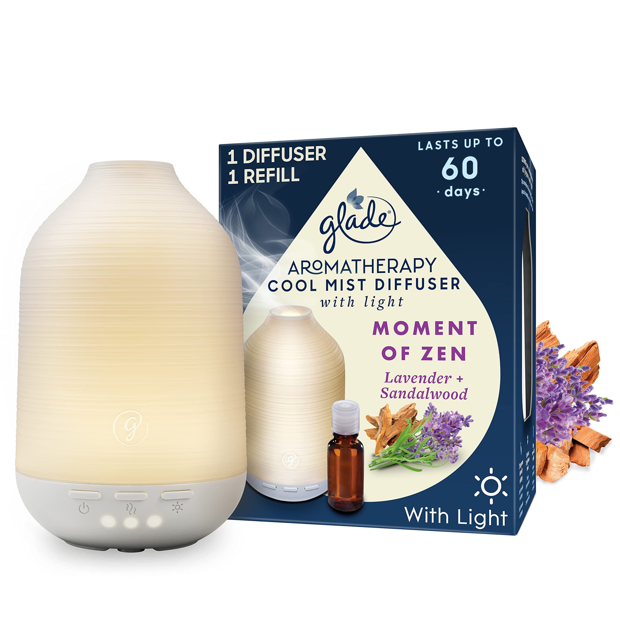 Essential Oil Diffuser Holder & Refill, Cool Mist Aromatherapy Diffuser & Air Freshener for Home, Moment of Zen with Lavender & Sandalwood Scent, Holder + 17.4ml Refill
