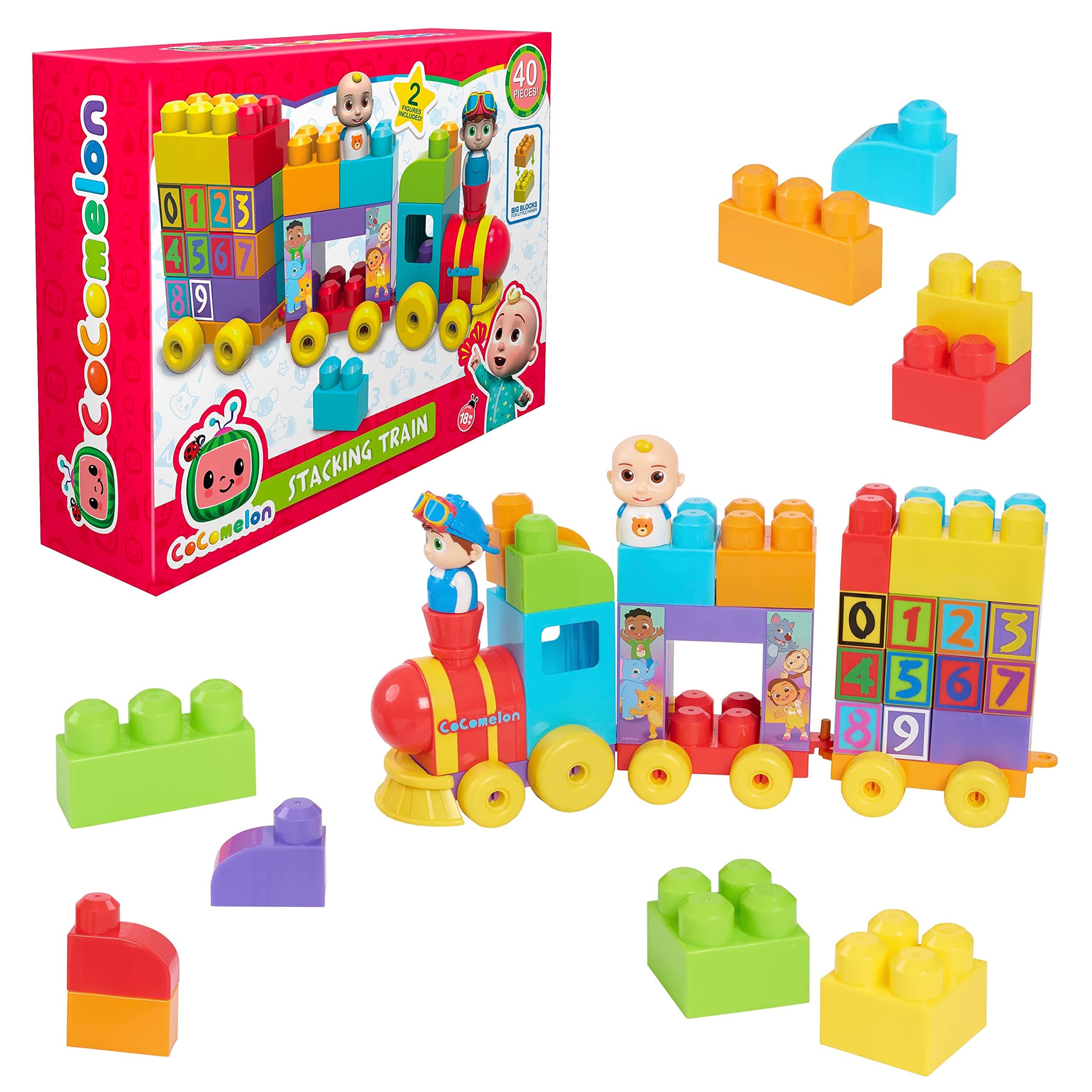 Stacking Train, 40 Piece Large Building Block Set Includes JJ and TomTom Figures, Color and Number Recognition, by Just Play