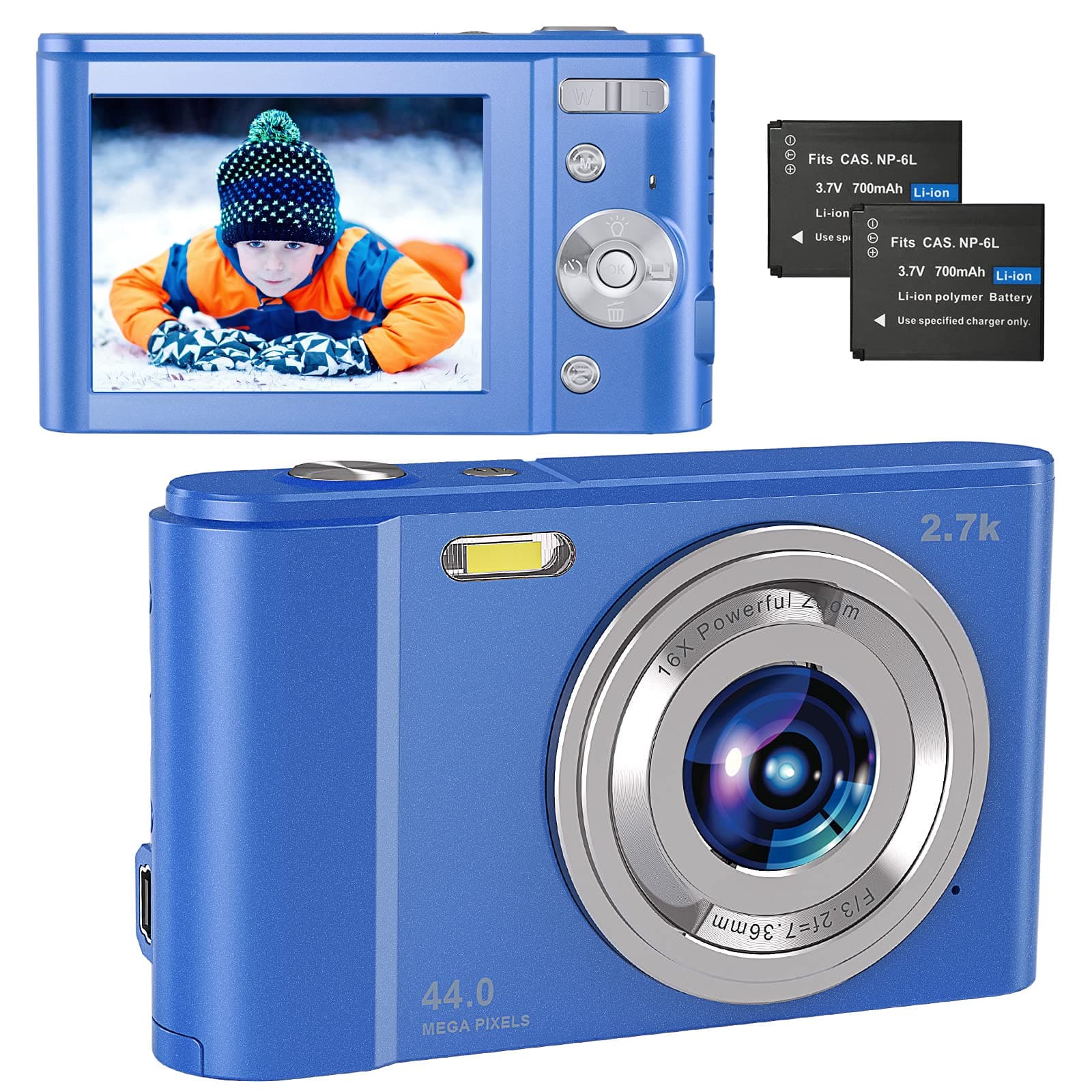 Digital Camera 2.7K UHD, Camera 44MP for Streaming Video Recording, Compact Camera with 2.8 Inch IPS 16X Digital Zoom and 2 Batteries, Digital Camera for Children/Teenagers/Beginners, Blue