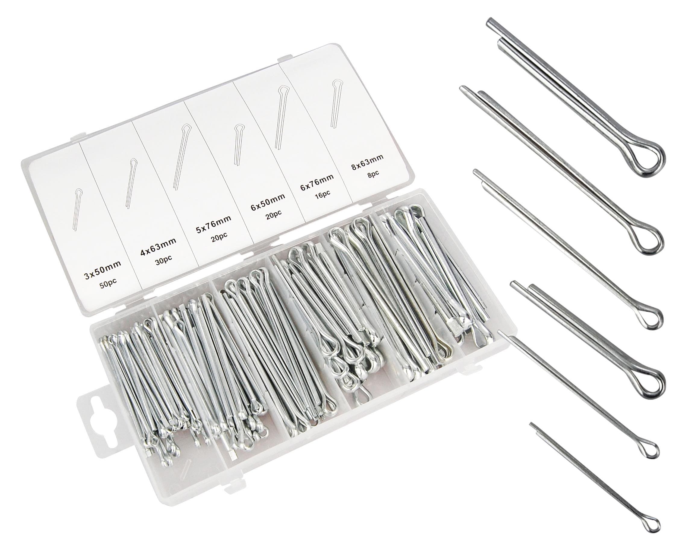 144 large split pins in a set, 144 locking pins in 6 different sizes in the assortment box.