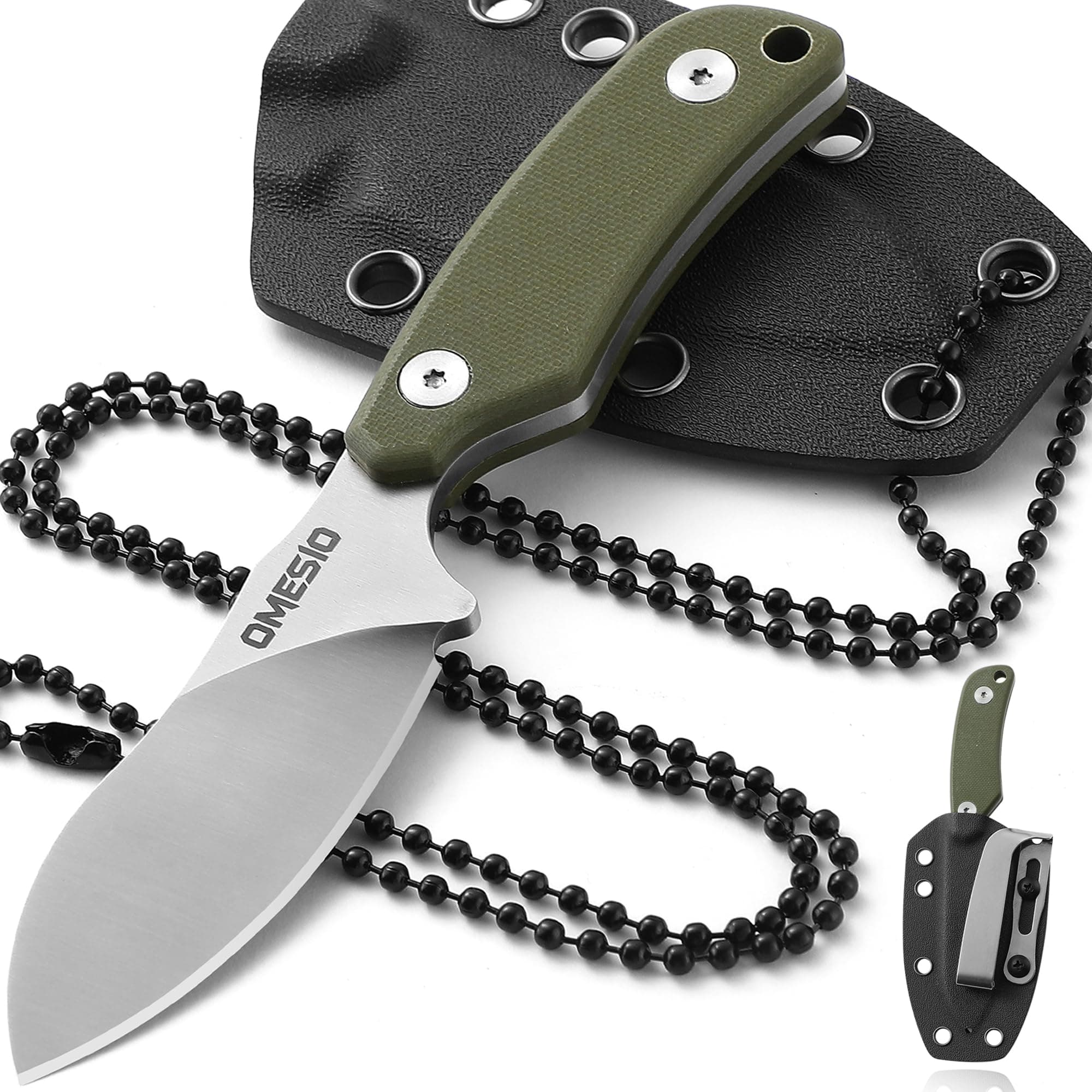 Neck Knife, Full Tang EDC Knife Necklace for Men, 5.82" Fixed Blade with Kydex SHeath and Clip, Nessmuk Blade Small D2 Steel G10 Handle for Outdoor, Survival, Camping