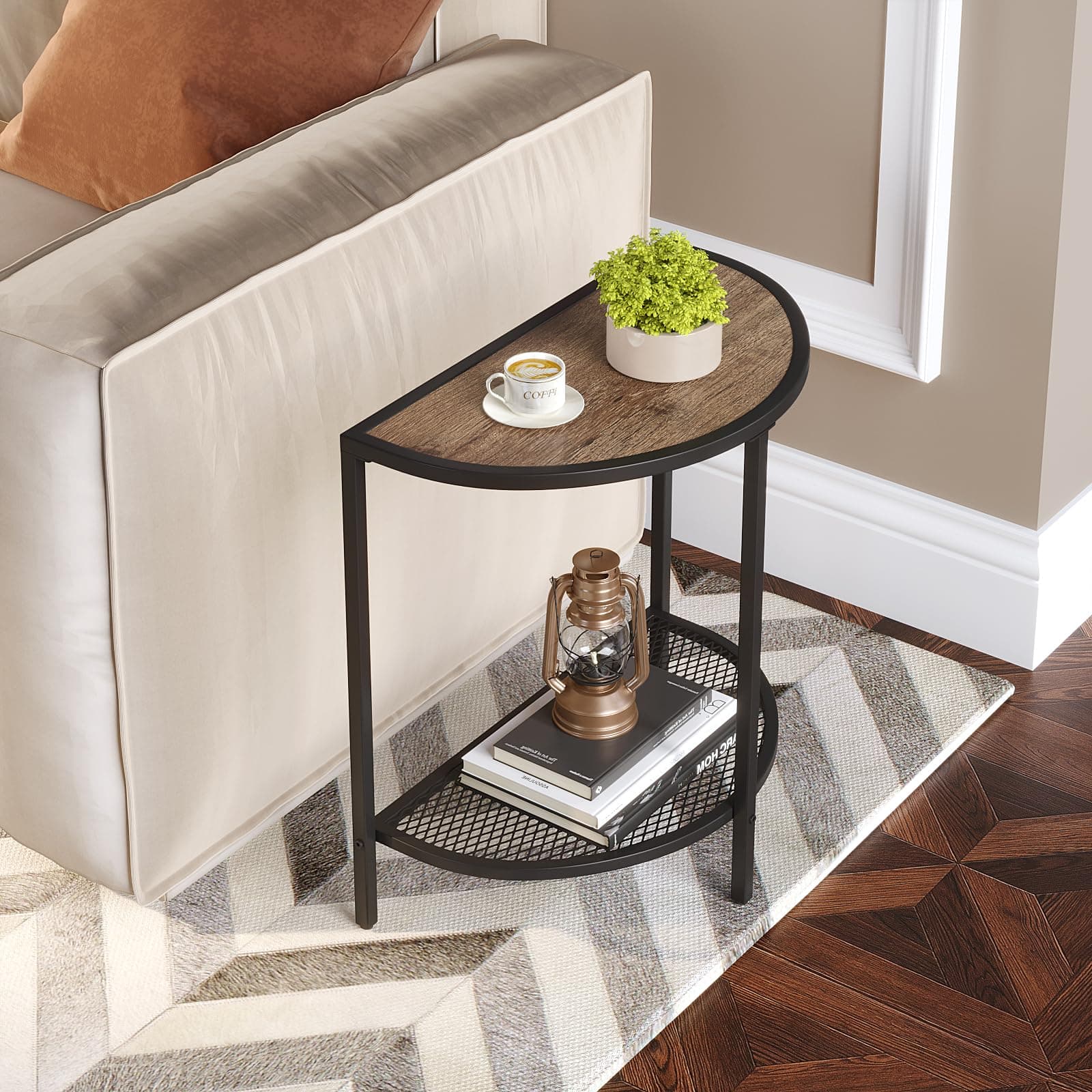 SAYGOER Small Side Table 19.7'' Half Moon Side Tables for Living Room 18.7"*10.4" Unique Modern Half Round Bed for Home Balcony 2 Tier Couch Tables with Storage Shelf, Adjustable Feet, Dark Walnut