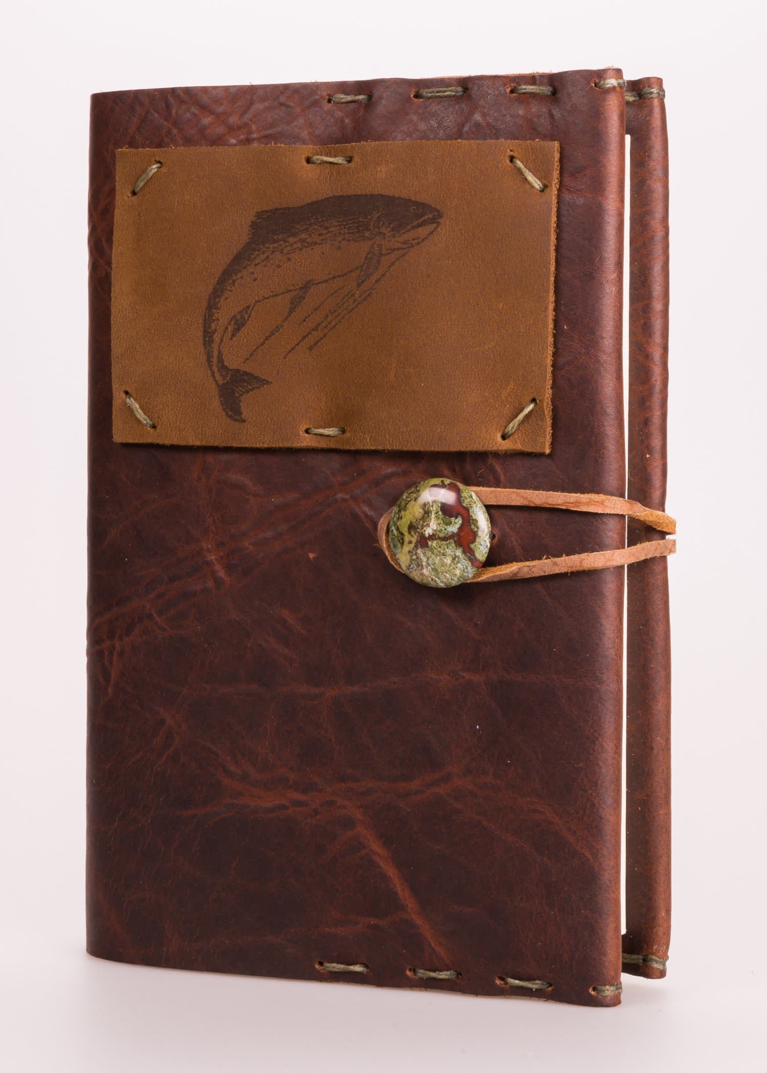 Refillable 4" x 6" Handmade Leather Journal with a Jumping Trout (JS-56)