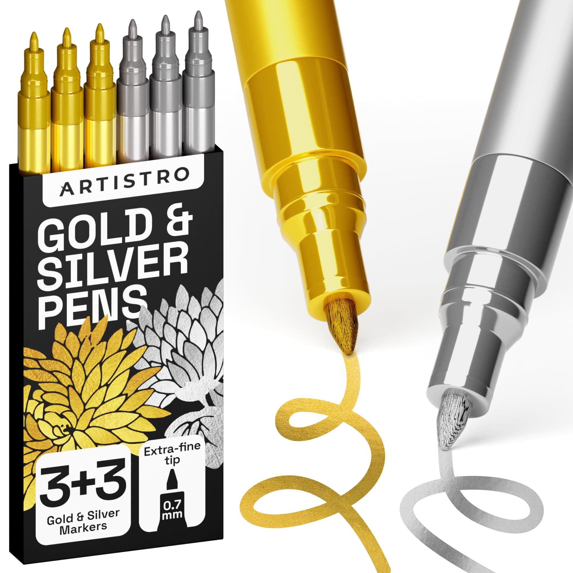 6 Gold & Silver Metallic Acrylic Paint Pens – 0.7mm Extra Fine Tip Paint Pens for Crafts, Rock Painting, Greeting Cards, Ornament Decor, DIY Art