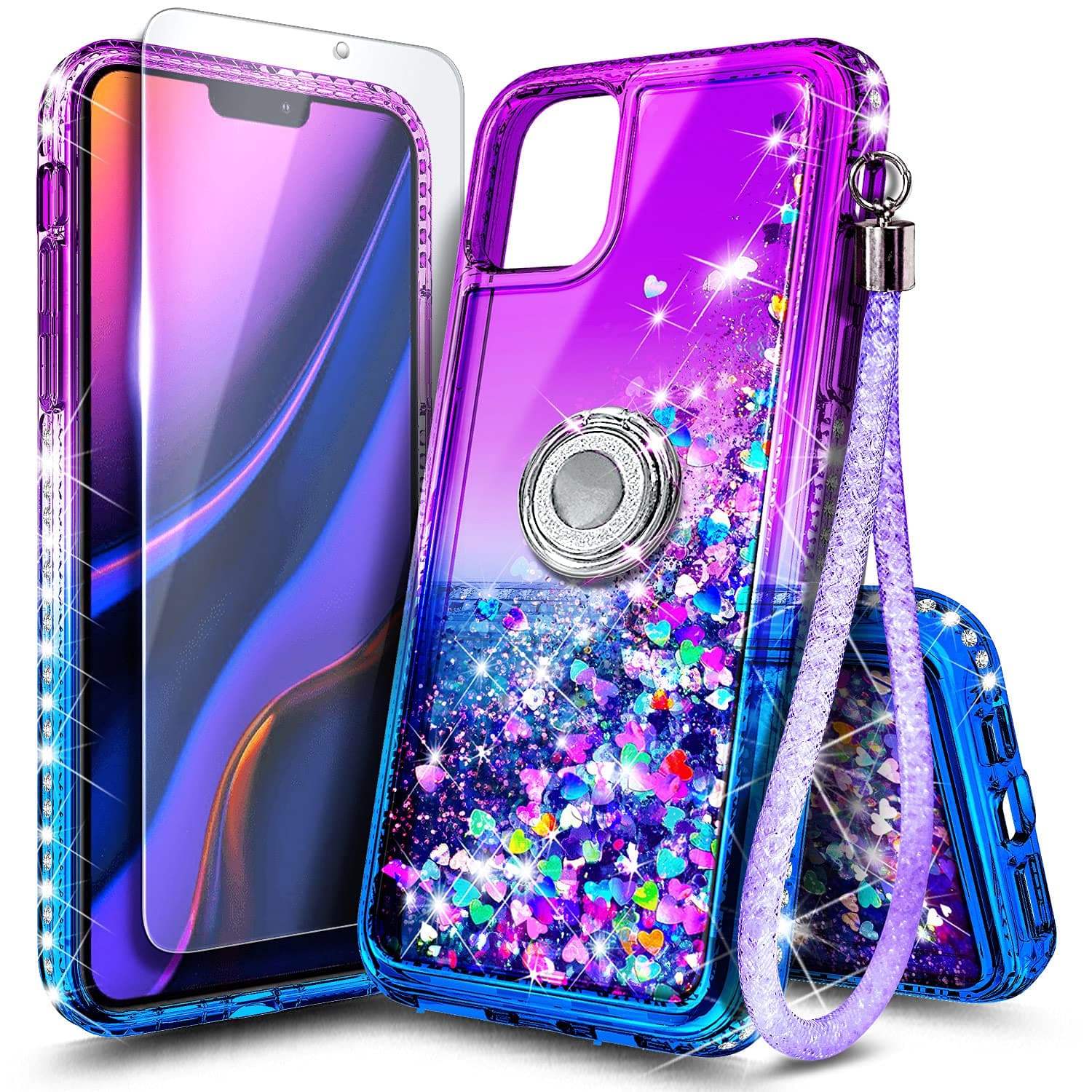 NGB Compatible with iPhone 12 Pro Max Case with Tempered Glass Screen Protector, Ring Holder/Wrist Strap, Girls Women Liquid Bling Sparkle Floating Glitter Cute Phone Case (Purple/Blue)