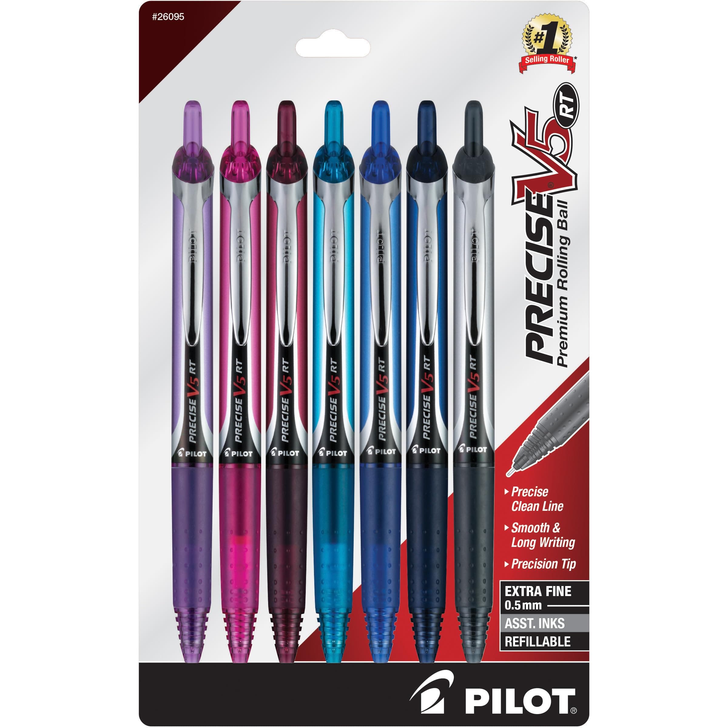 Precise V5 Rt Refillable & Retractable Premium Rolling Ball Pens, Extra Fine Point (0.5mm), Assorted Colors, 7 Count (26095)