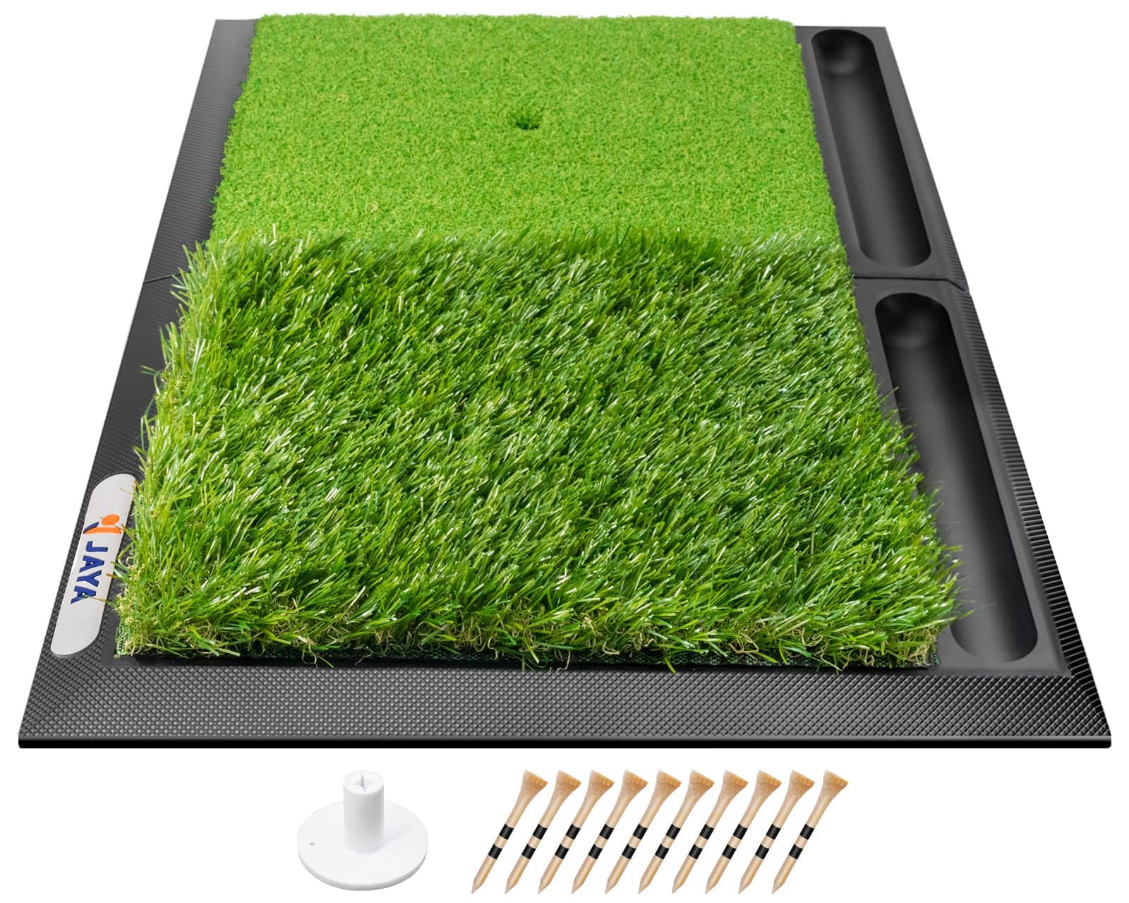Golf Hitting Practice Mat, Two Options (Heavy Rubber Base Dual-Turf Mat with Ball Tray, Tri-Turf Mat with Practice Golf Balls), Portable Golf Training Mat for Indoor and Outdoor