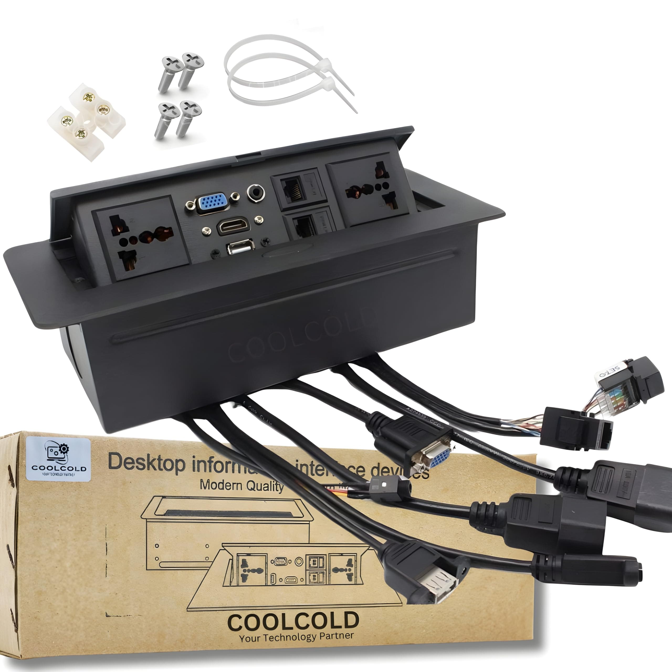 - COOLCOLD 10 Module, Hydraulic Cable Cubby, Conference Table Connectivity Solutions, Flip-Top Hidden Desk Module Pop Up Box with HDMI, VGA, Audio, LAN, Power & USB Port (Black) - 1 Year Warranty