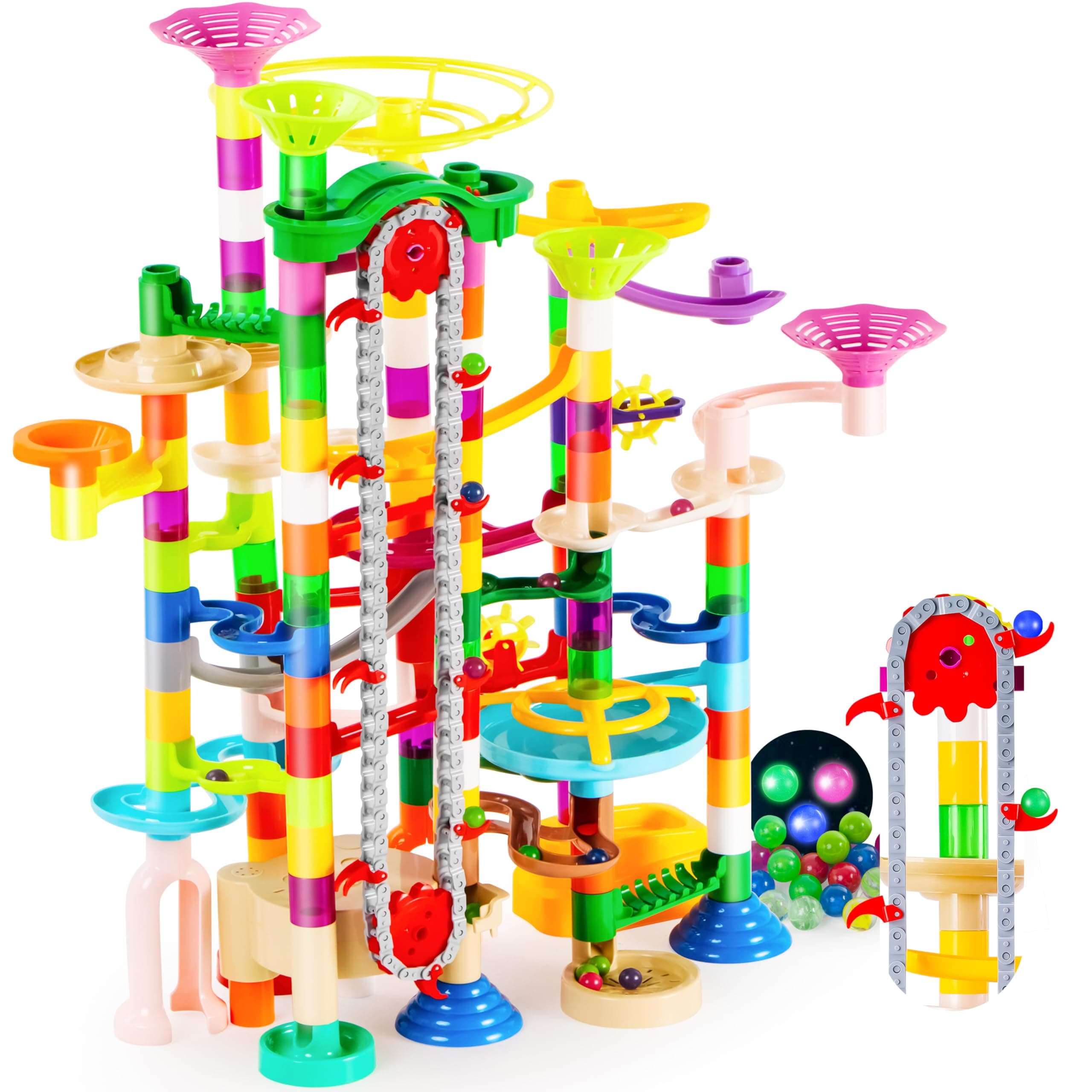 JOYIN 236Pcs Glowing Marble Run with Motorized Elevator- Construction Building Blocks Toys with 30 Glow in The Dark Plastic Marbles, STEM Toy for Boys and Girls, Birthday Gift, Easter Basket Stuffers