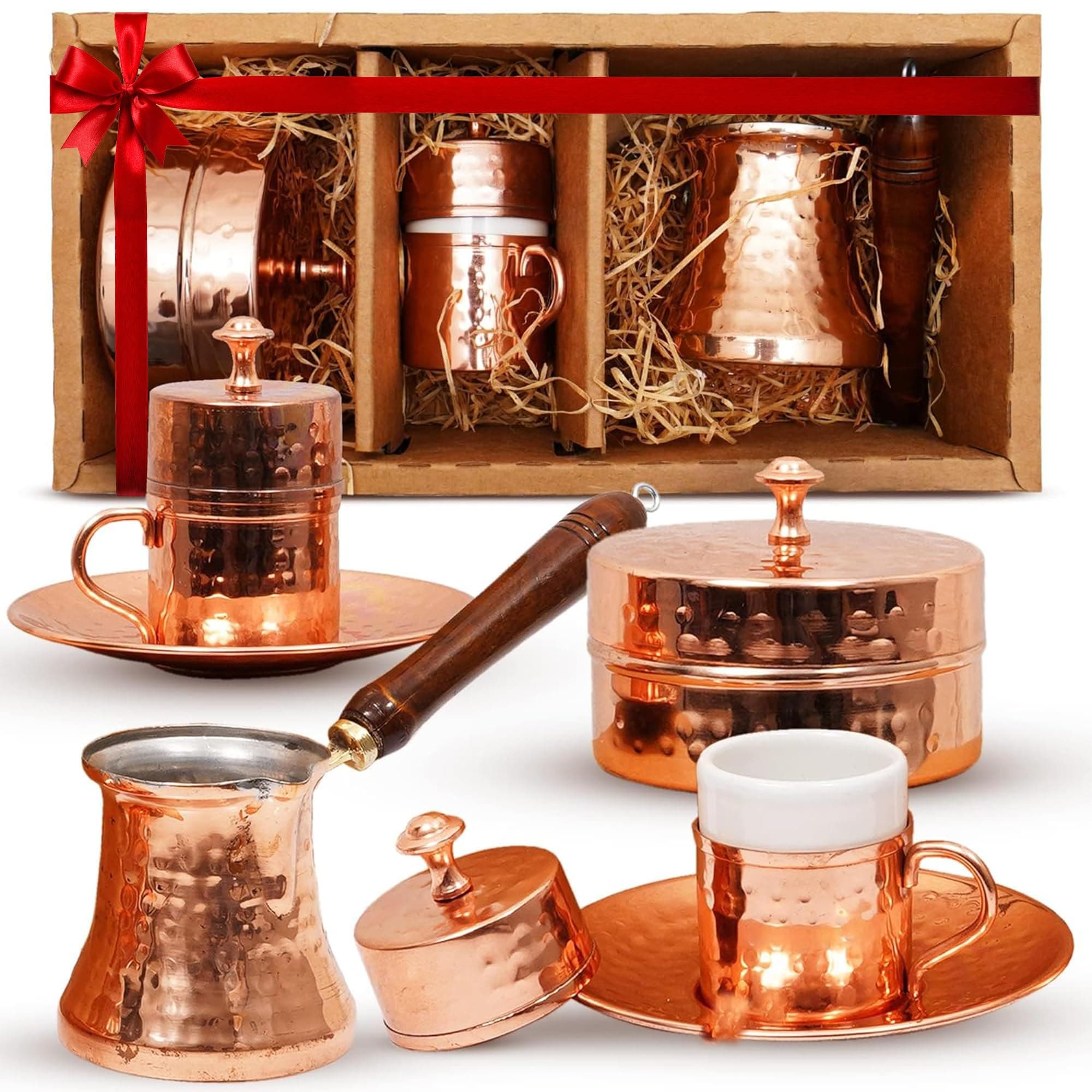 Turkish Coffee Set – Turkish Coffee Maker Set w/ 2 Cups, Sugar Dish, & Copper Pot (Cezve) – Traditional Gifts for Latte Lovers - 12oz