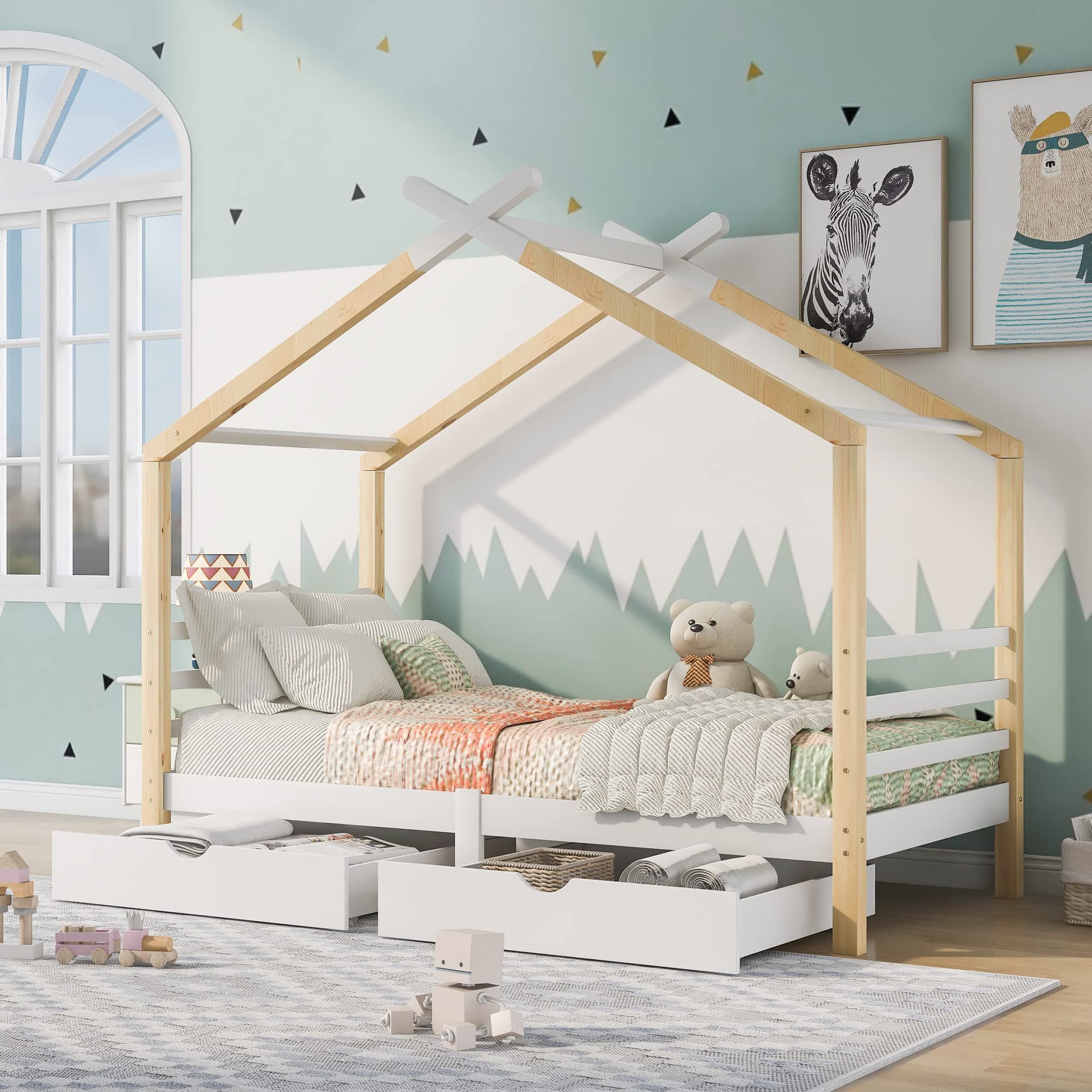 BTM Kids Toddler Beds with Storage Underneath - 3FT Single Bed with Solid Pine Wood House Tree Canopy for Girls and Boys