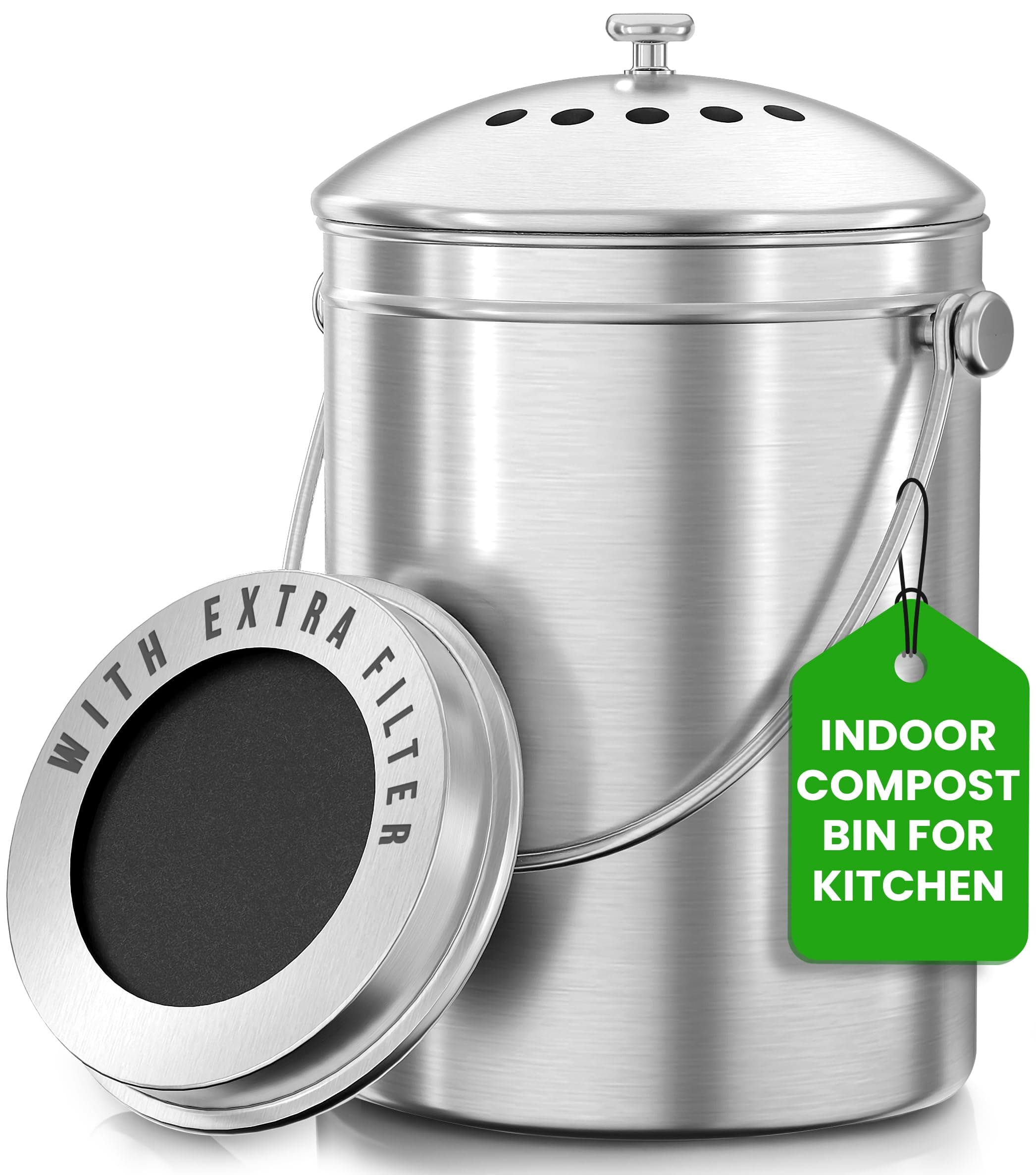 Countertop Compost Bin Kitchen with Charcoal Filter -1.3gallon Stainless Steel Kitchen Compost Bin Countertop - Ideal Kitchen Essentials or Small Composter for Under The Sink Trash