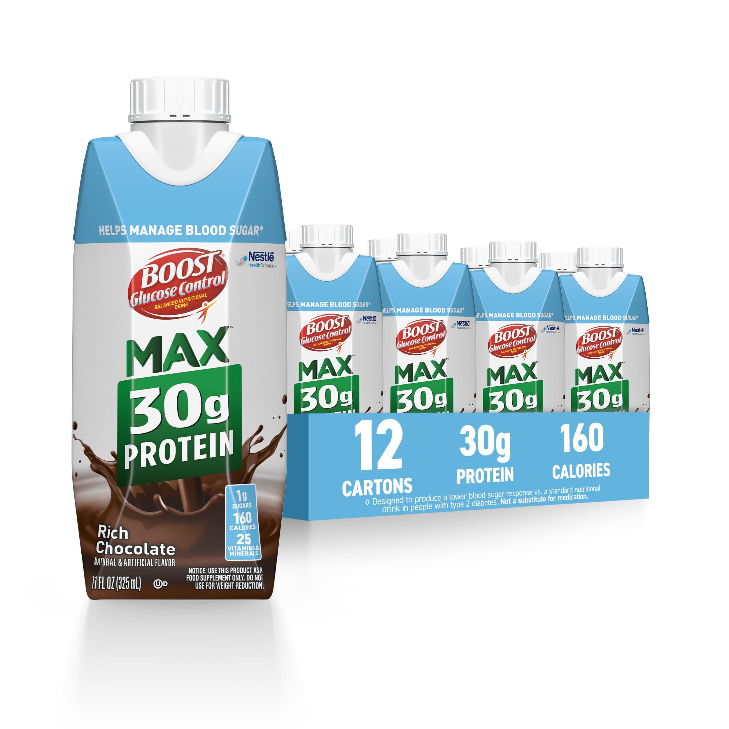 BOOST Glucose Control Max 30g Protein Nutritional Drink, Rich Chocolate, 11 Fl Oz (Pack of 12), Packaging May Vary