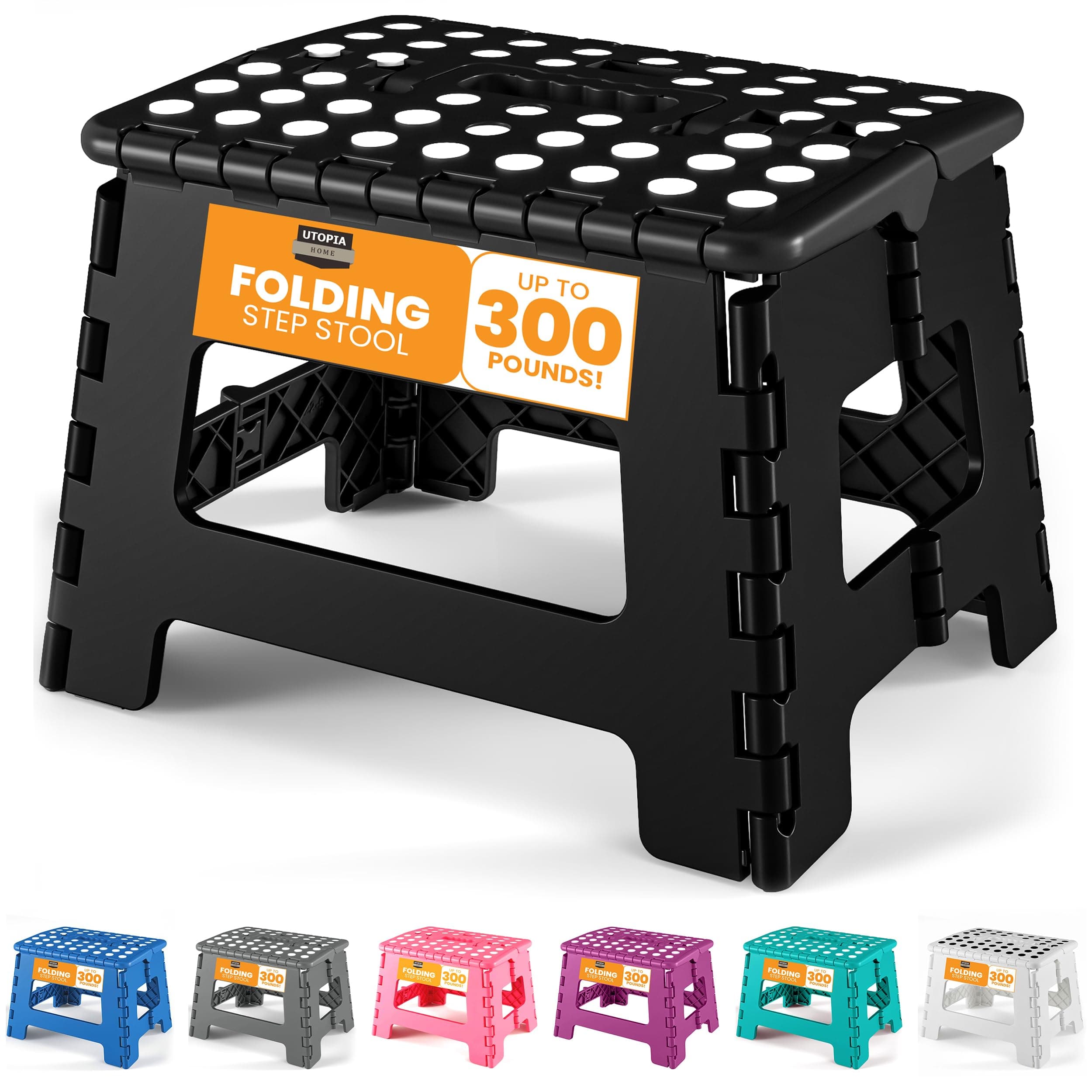 Utopia Home Folding Step Stool with Handle – 9 Inch Anti Slip Collapsible Stool – Holds Up to 300 lbs – Sturdy Plastic Step Stool Foldable for Kitchen, Bathroom and Home Use (1-Pack, Black)