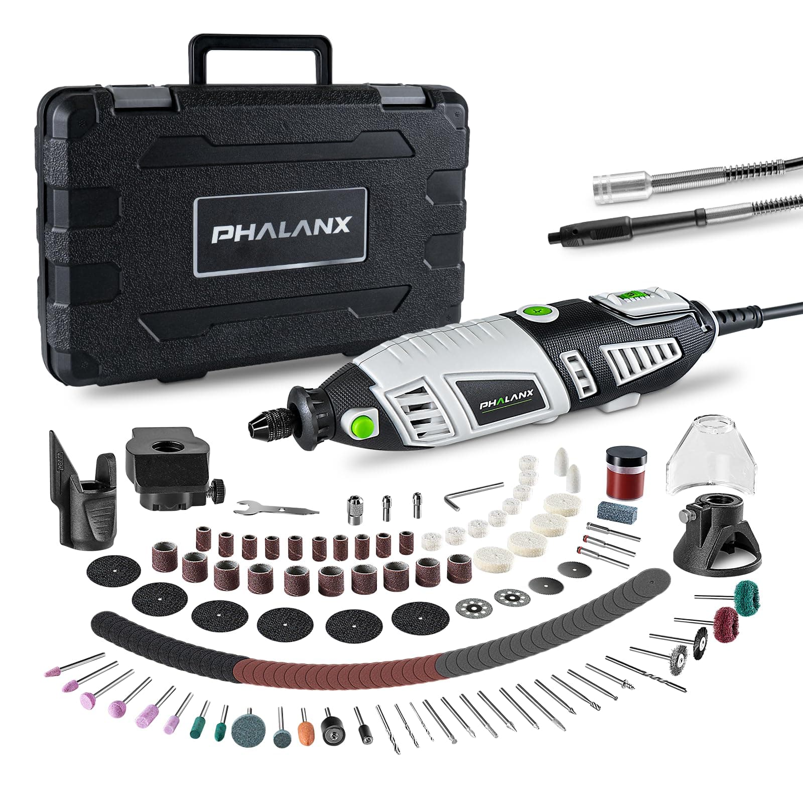 PHALANX 180W Rotary Tool Kit, 1.5-Amp 6 Variable Speed with Flex Shaft, 8000-35000RPM Rotary Multi-Tool& 213pcs Accessories Kit, Power Multiuse Set Prefect for Crafting Projects and DIY Creations