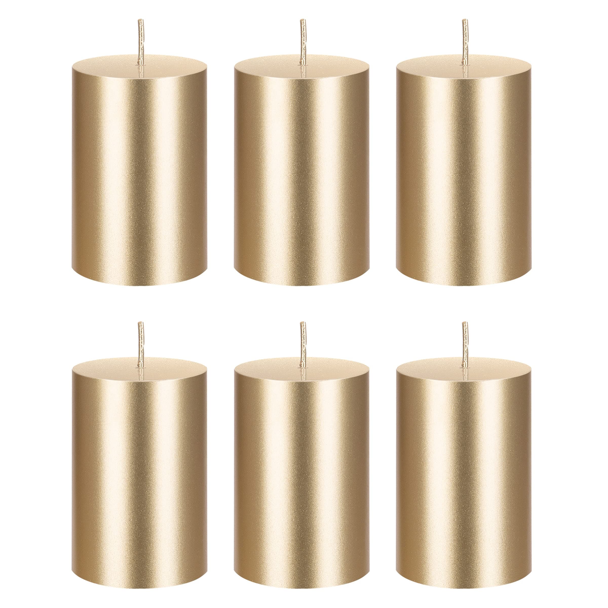 Mega Candles 6 pcs Unscented Solid Gold Pillar Candles, Hand Poured Premium Wax Candle 2 Inch x 3 Inch, Home Décor, Spas, Weddings, Occasions, Party, Centerpieces, Holidays, Vigils, Prayers