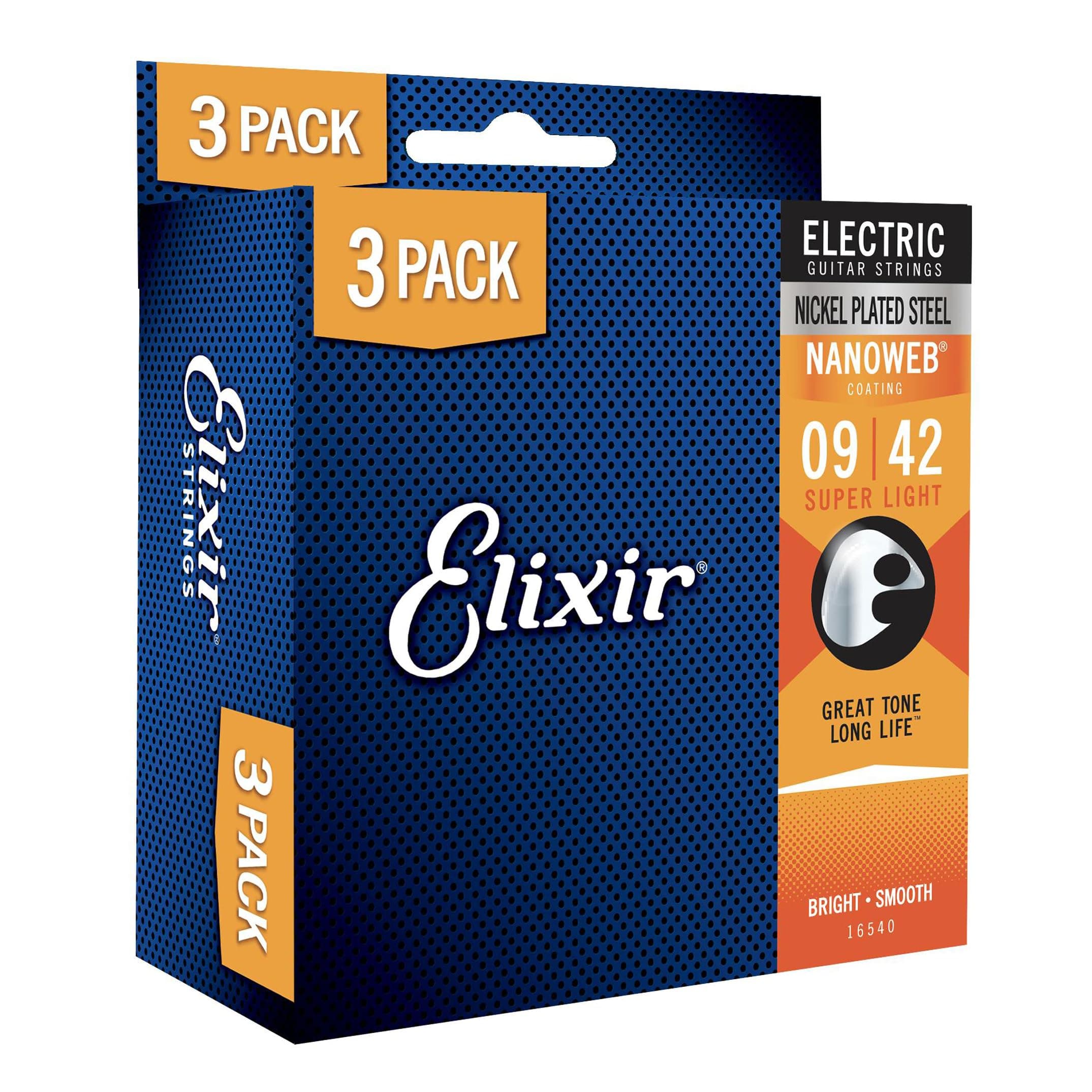 Strings - Nickel Plated Steel Electric Guitar Strings with NANOWEB Coating - Elixir Electric Guitar Strings - 3 Pack, Super Light 9-42
