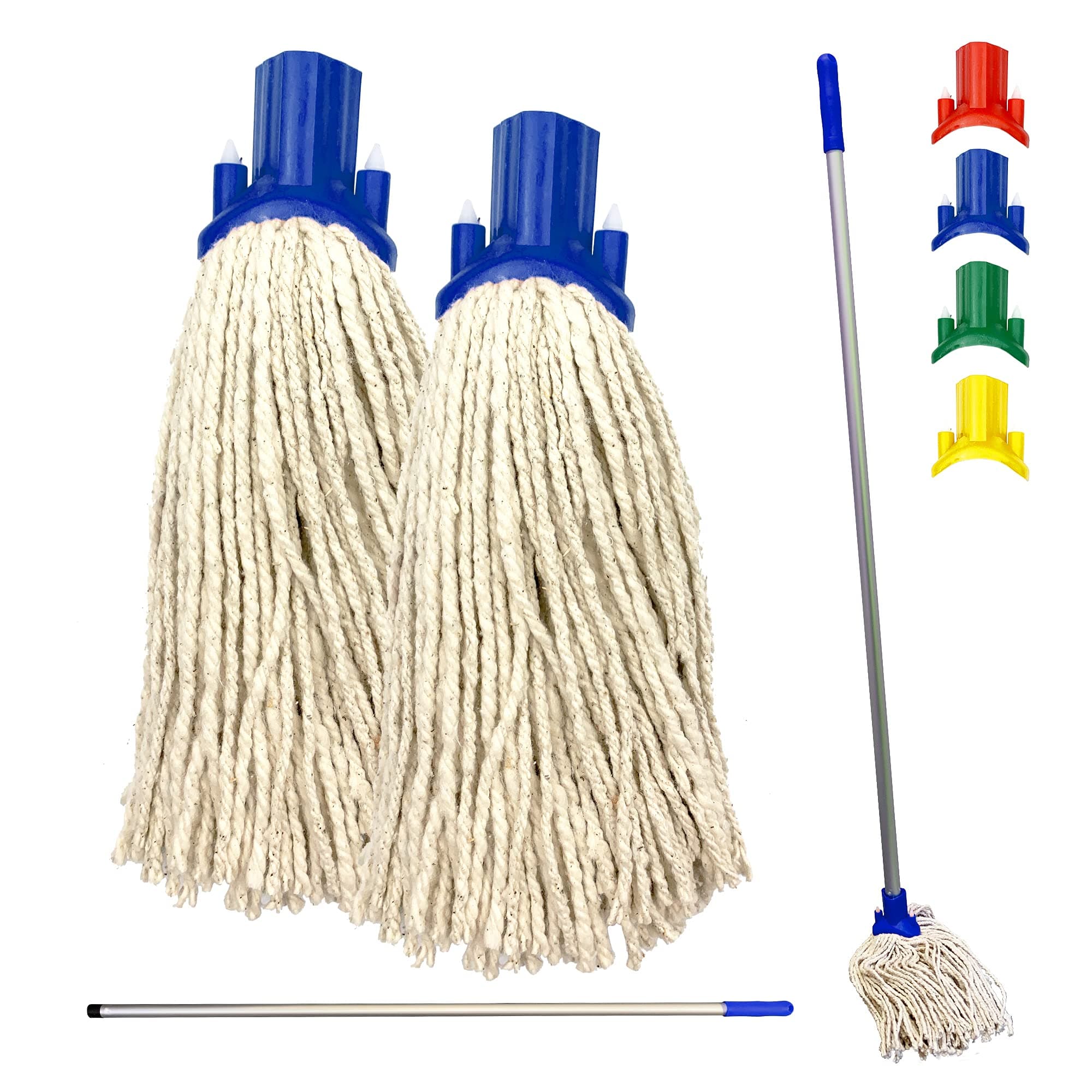 Colour Coded Floor Mop Set - 120cm Long Aluminium Handle with 2 String Replacement Heads for Domestic and Commercial Cleaning (Blue)