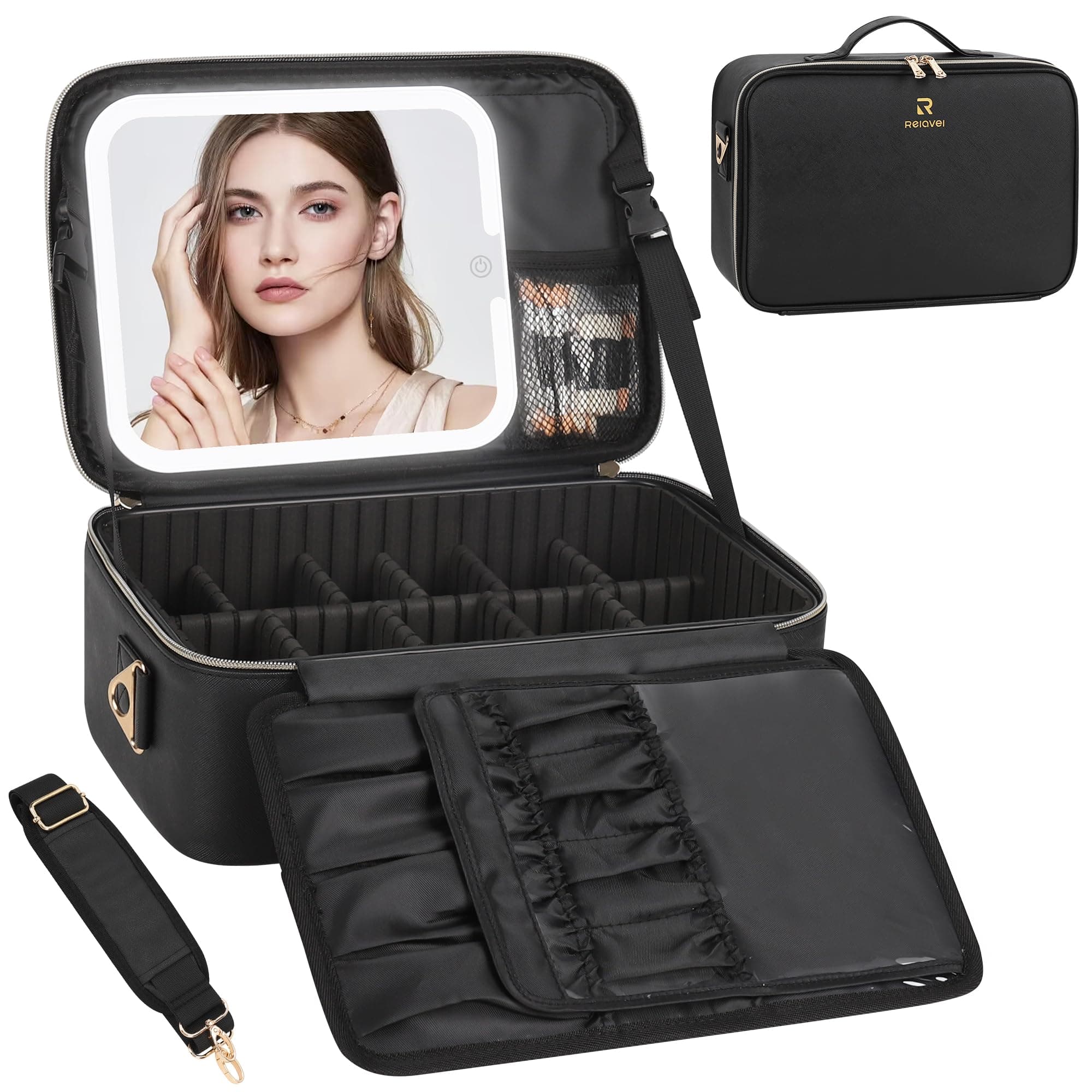 Relavel Makeup Bag with Light Up Mirror, Makeup Case Travel Cosmetic Bags Brush Organizer Storage Box, Rechargeable Vanity Mirror with 3 Color Lights, High Frame Mirror Protection, Black, Standard,