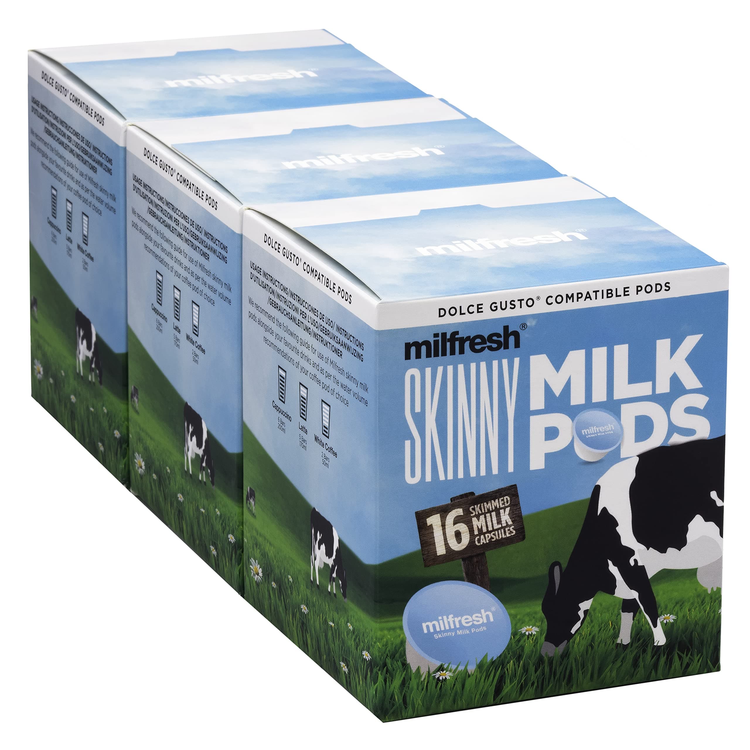 Milfresh Skinny Milk Pods - Dolce Gusto Compatible 3 Boxes x 16 Pods (48 Skimmed Servings Total)