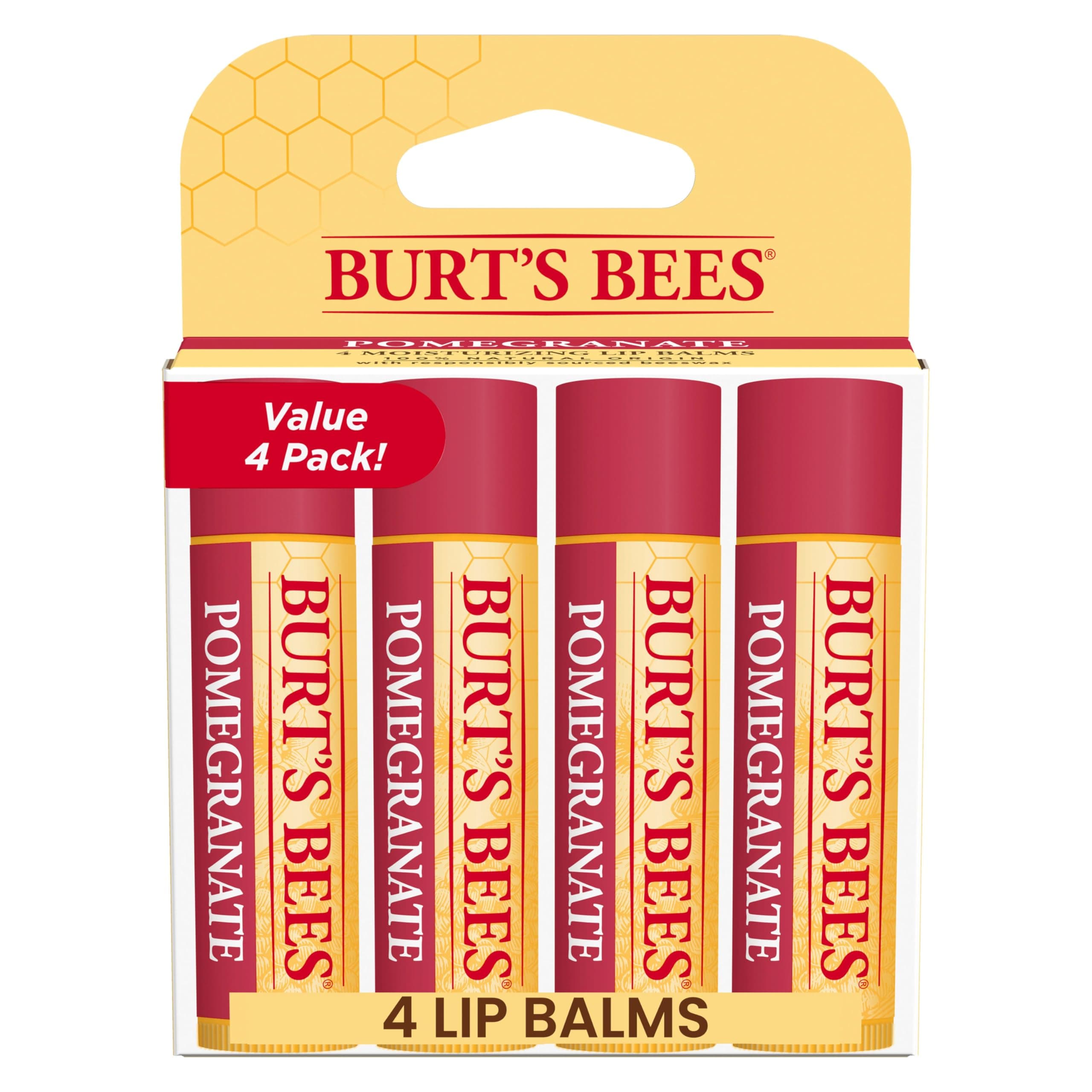 Burt's Bees Lip Balm - Pomegranate, Lip Moisturizer With Responsibly Sourced Beeswax, Tint-Free, Natural Origin Conditioning Treatment, 4 Tubes, 0.15 oz.