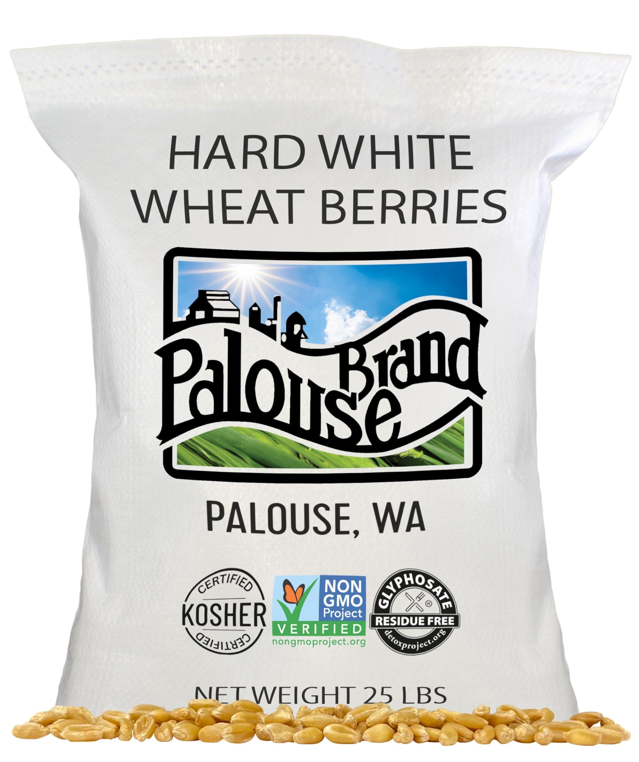 Palouse Brand Certified Glyphosate Residue Free | Hard White Wheat Berries | 25 LBS | Family Farmed in Washington State | Sproutable | Non-GMO Project Verified | Kosher