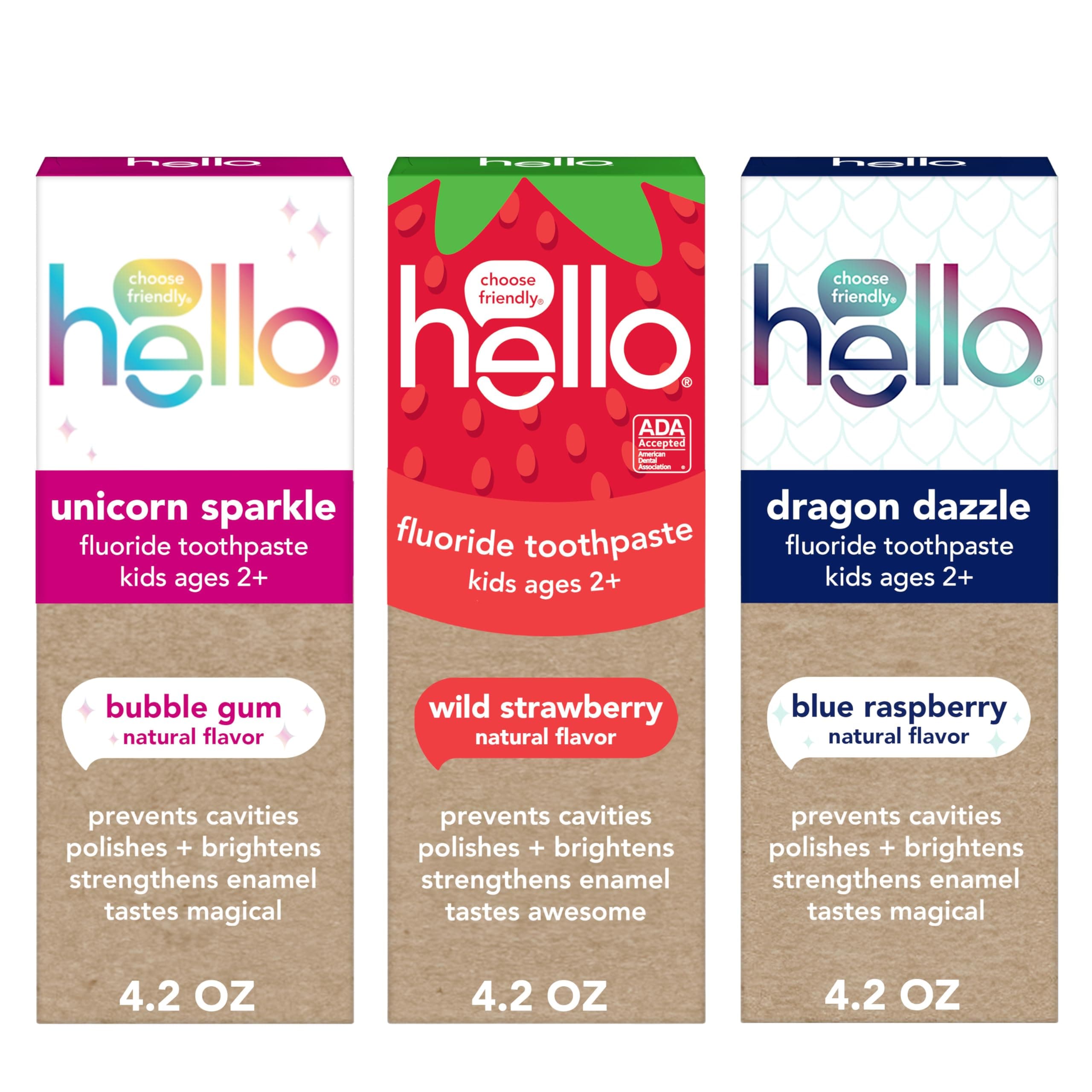 Hello Kids Fluoride Toothpaste Variety Pack, Includes a Strawberry Toothpaste, Unicorn Bubble Gum Toothpaste, and Blue Raspberry Toothpaste, Safe for Ages 2 and Up, 3 Pack, 4.2 Oz Each