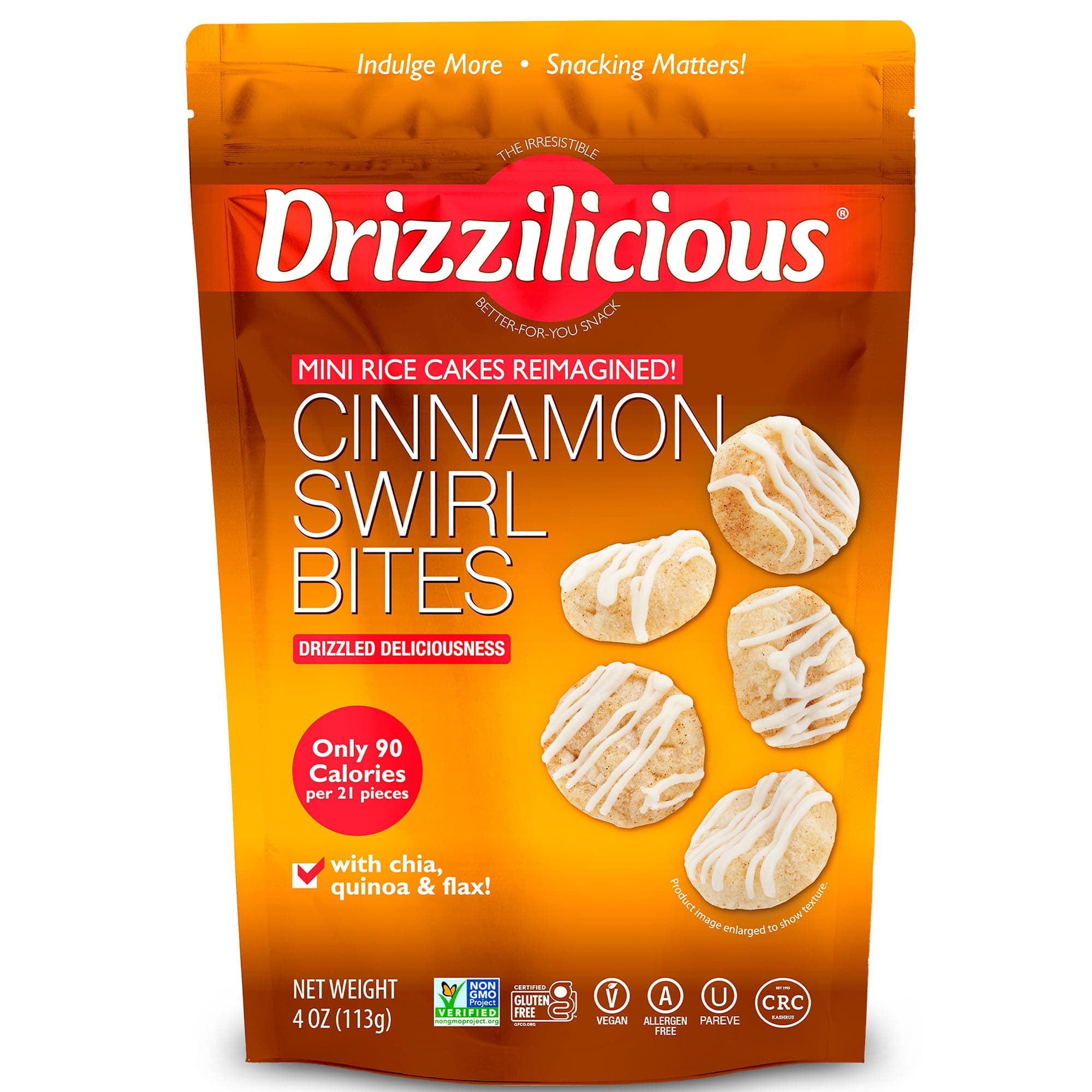 Drizzilicious Mini Flavored Rice Cakes Cinnamon Swirl - Rice Crisps, Healthy Snack for Adults and Kids, Vegan, Gluten Free Snack, Allergen Free, Only 90 Calories Per 21 Pieces - 4 oz (Pack of 6)