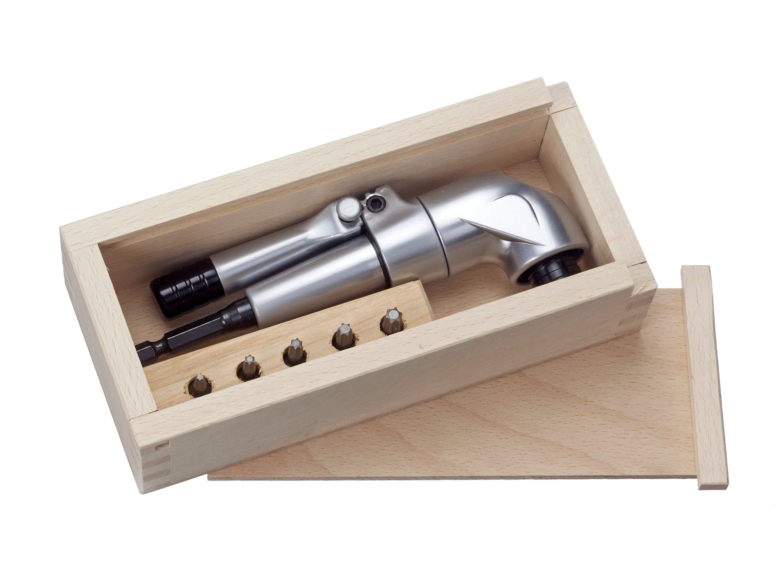 ASW 2505 Angular Gear Set E6.3 for Cordless Drill in Wooden Box, 0 V, Silver/Black/Brown, Set of 6 Piece