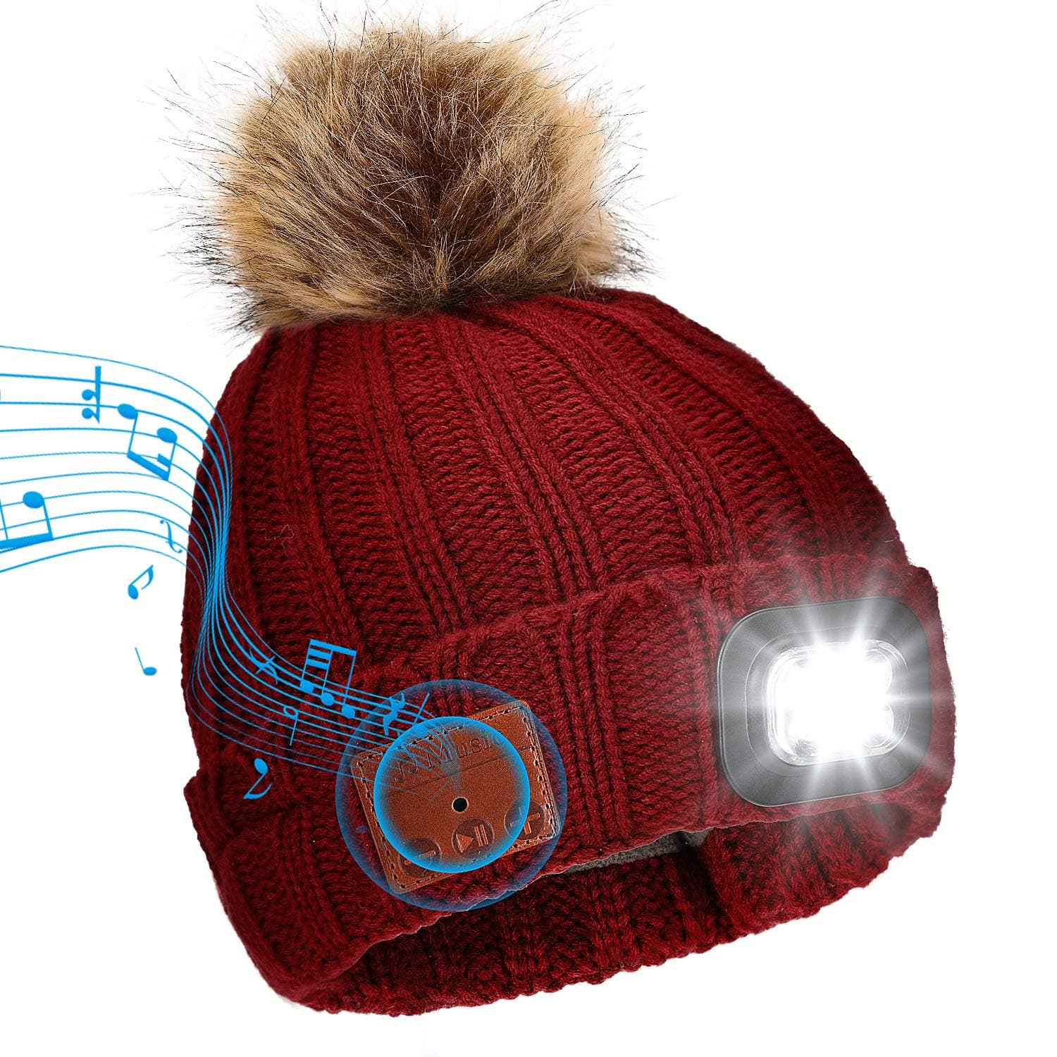 Achort Wireless Bluetooth Beanie Hat with 4 LED Headlamp USB Rechargeable V5.0 Beanie Hat Warmer Fleece Lined Built-in Stereo Speakers and Mic for Women Running Skiing Hiking Camping Cycling