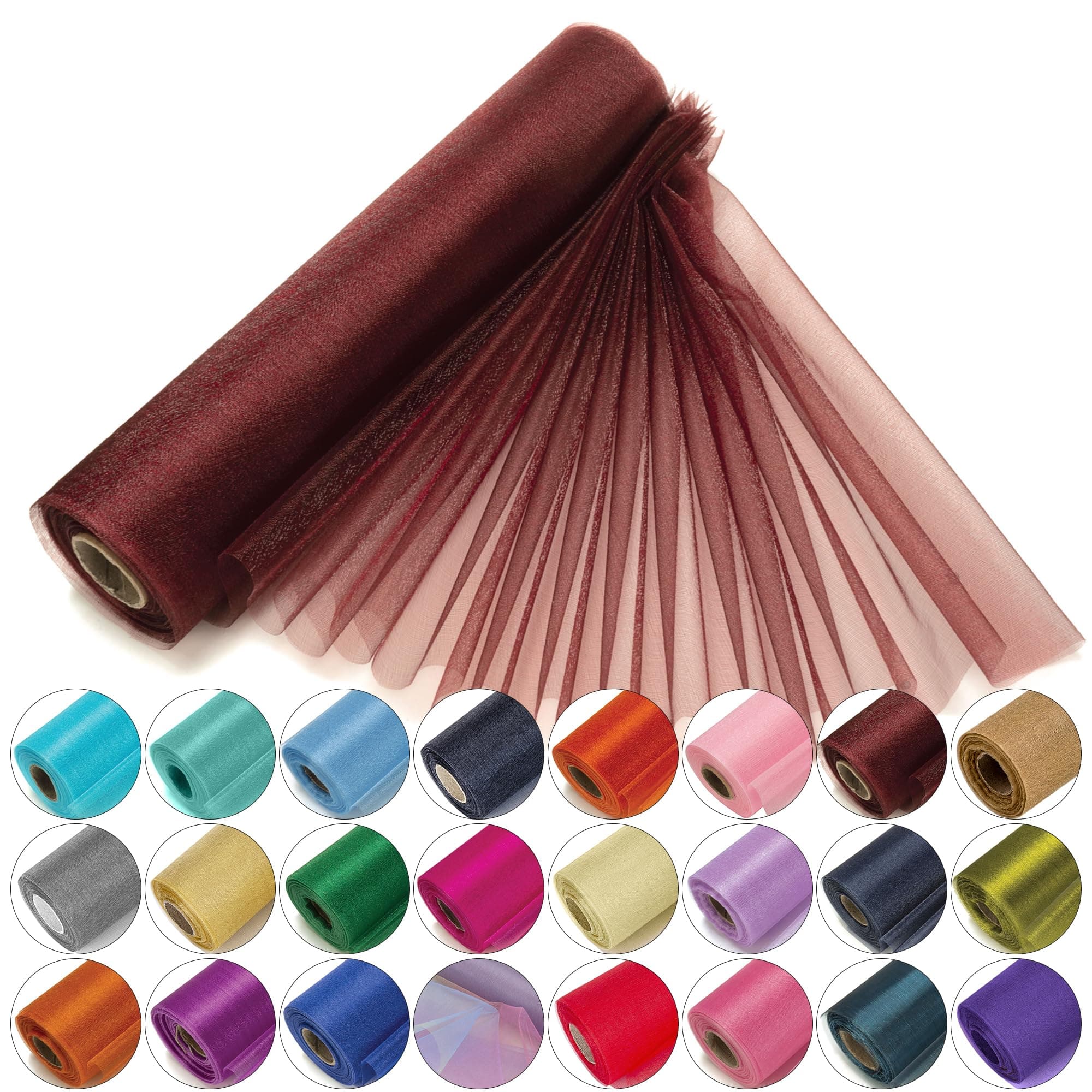 29cm x 25m Roll of Organza Sheer Fabric - Elegant Decorative Cloth for Wedding Chair Bows, Table Runners, Party Favours - Crafting Supplies for Ribbons, Dress Accents,and Bags, Burgundy