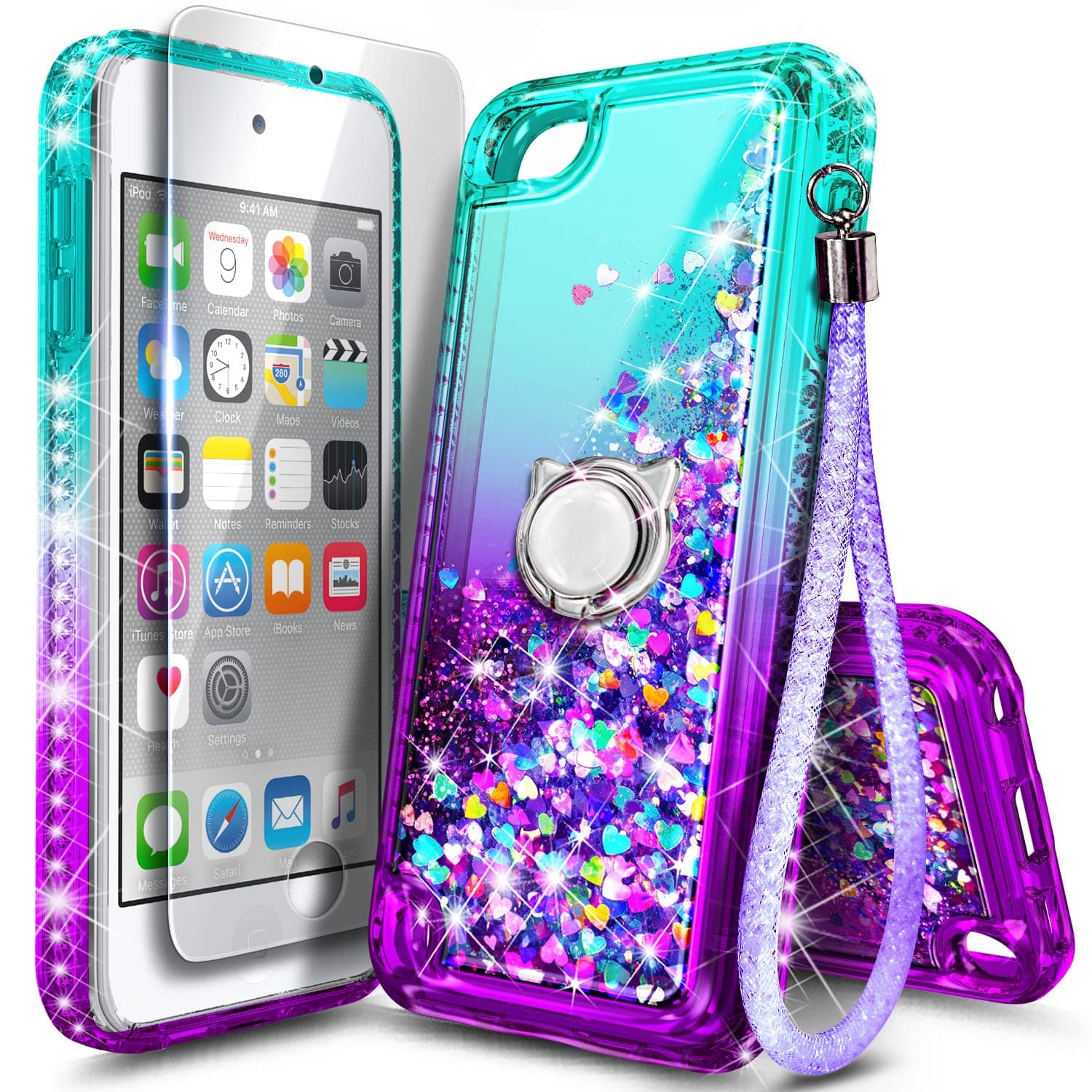 NGB iPod Touch Case with HD Screen Protector and Ring Holder for Girls Women Kids, Glitter Liquid Cute Case for Apple iPod Touch 7th/6th/5th Generation (Aqua/Purple)
