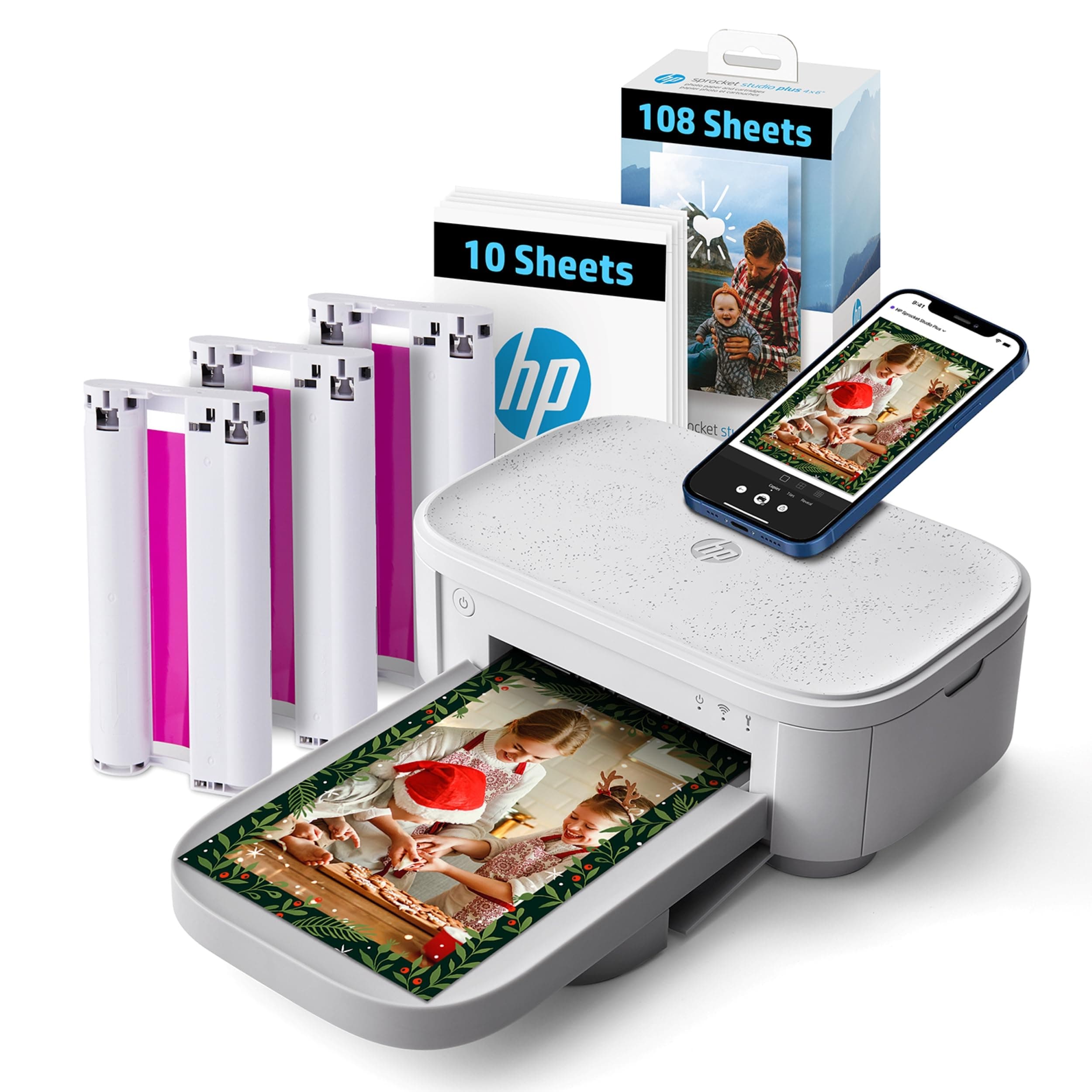 HP Sprocket Studio Plus 4x6 Wireless Instant Photo Printer, 118 Sheets + 3 Cartridges, Wi-Fi, Premium Dye Sublimation, Compact Home Use, Prints Vibrant Color Pictures, Editing App for Fun Photos