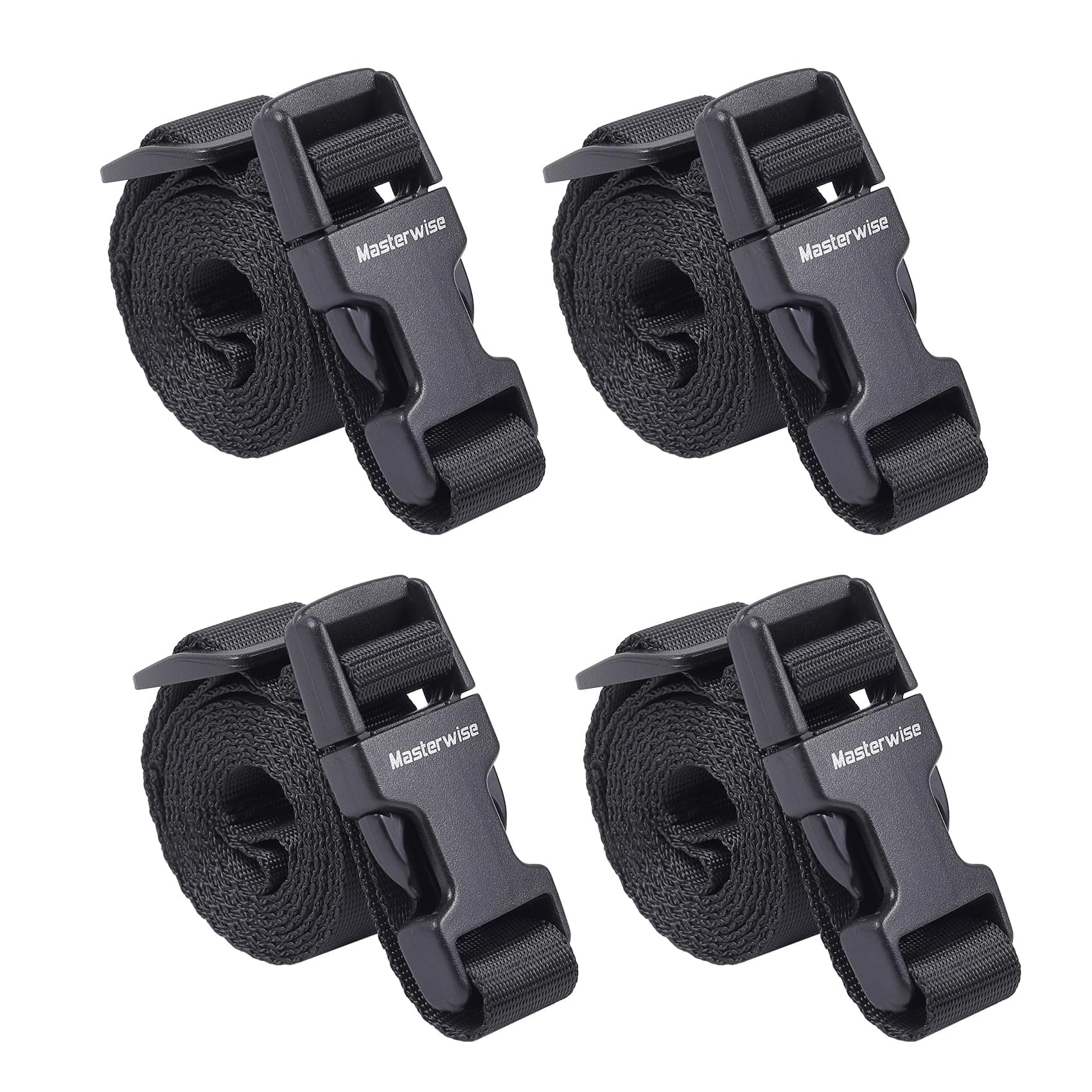 Masterwise Buckle Straps with Clips, Adjustable Nylon Straps with Buckle, Black 4 Pack (4‘x0.75“)