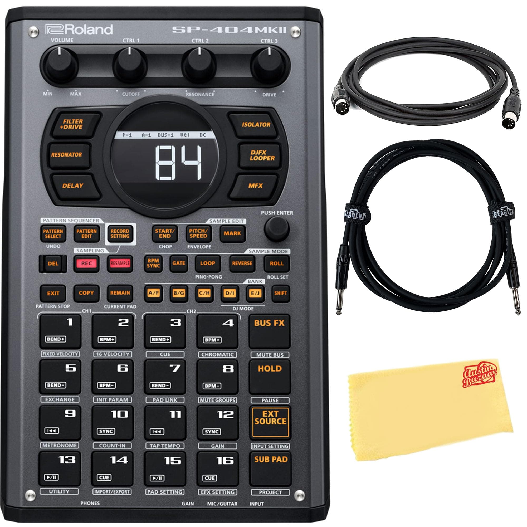 Roland SP-404MKII Creative Sampler and Effector Bundle with MIDI Cable, Musical Instrument Cable, Austin Bazaar Polishing Cloth