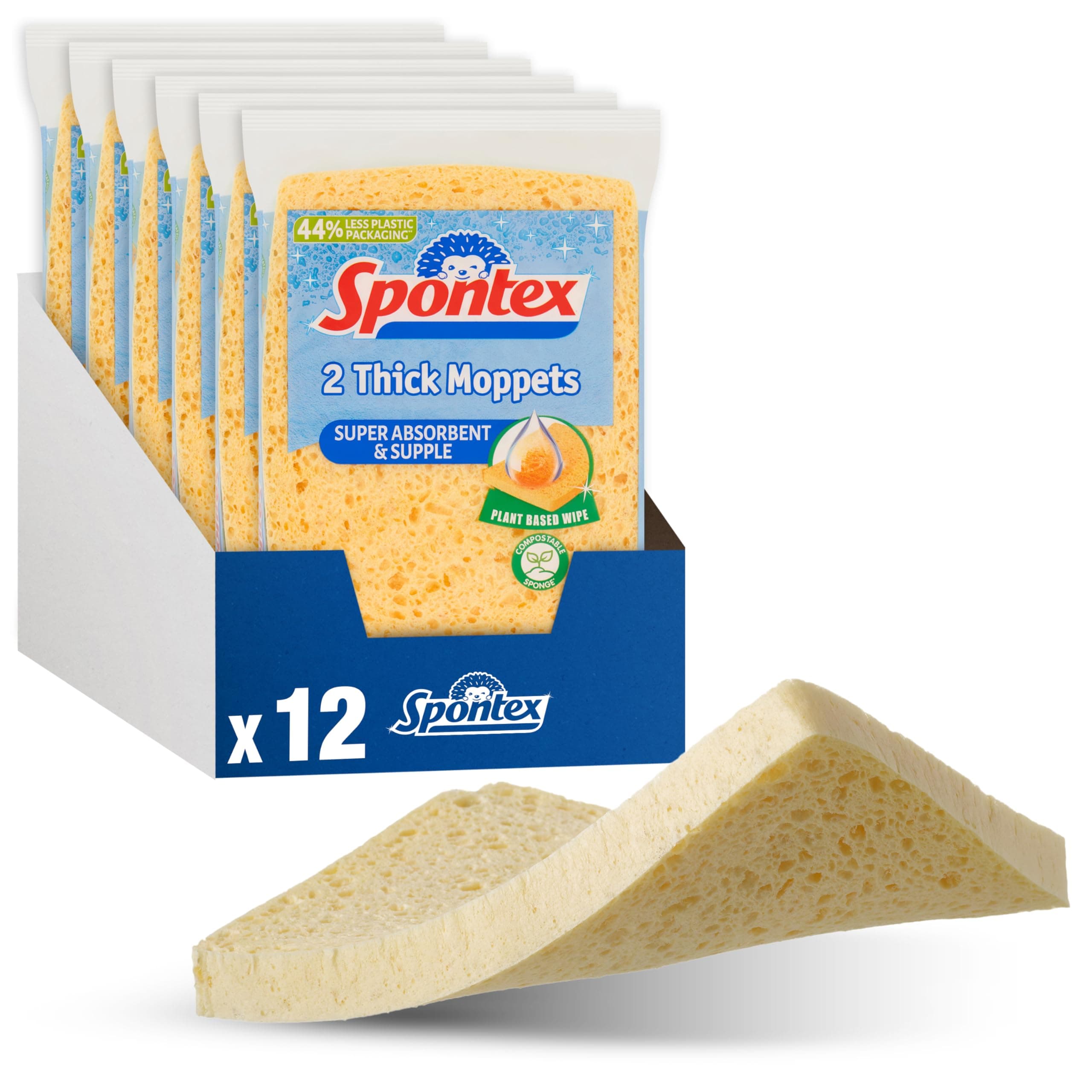Spontex 12 Thick Sponge Moppets Value Pack 16 x 12cm Super Absorbent & Supple Plant-Based Cleaning Sponges 12 Count