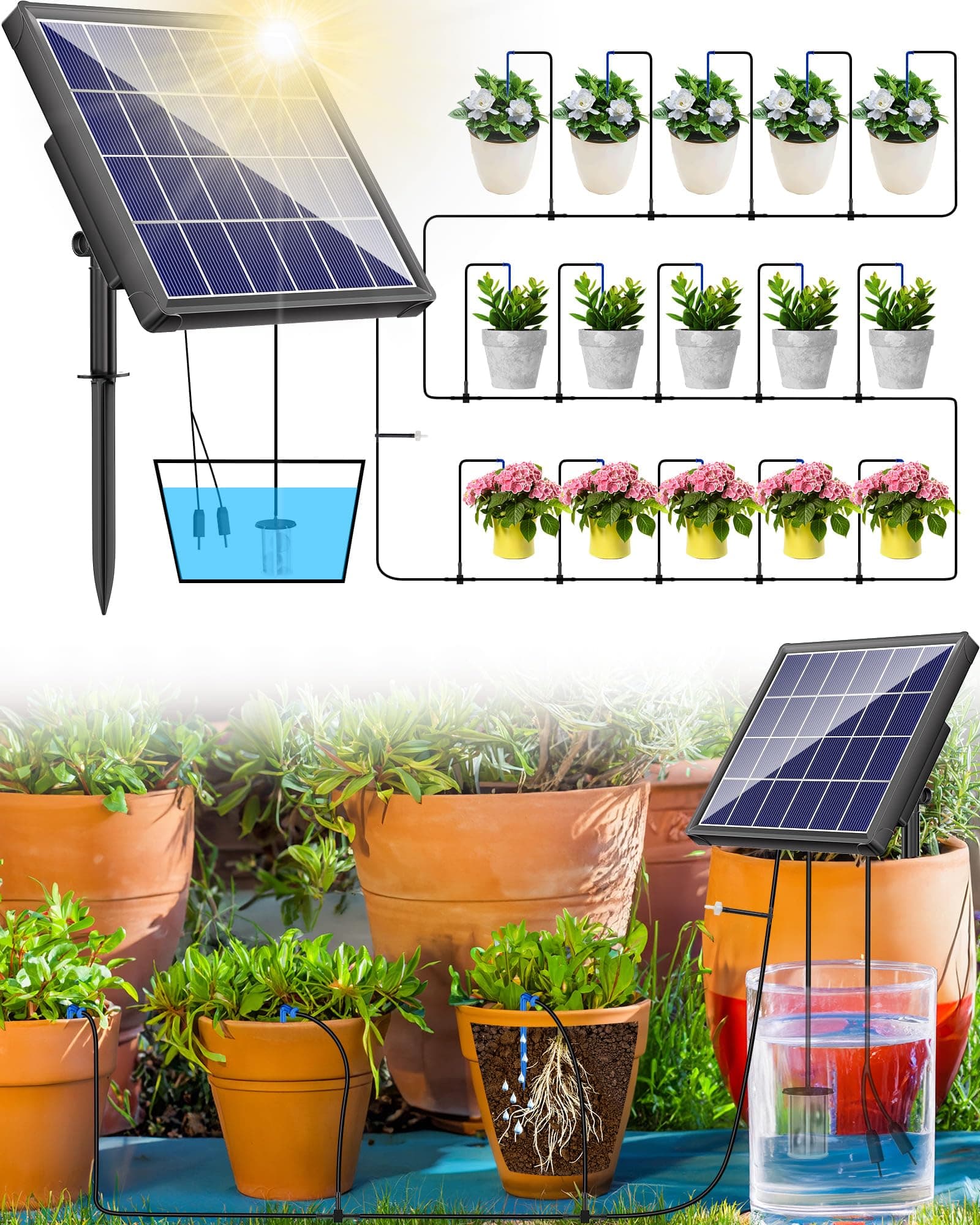Biling Solar Automatic Watering System, 15 Drippers Solar Powered Irrigation System 6 Modes Solar Drip Irrigation System Kit for Pot Plants Greenhouse, Garden, Terrace Waterer Outdoor Plant