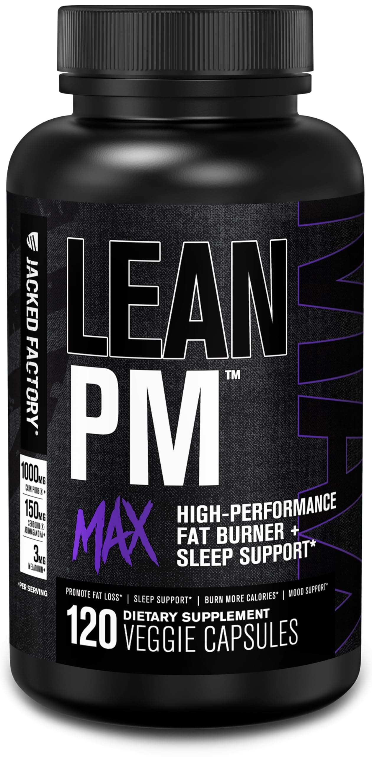 Jacked Factory Lean PM Max - High-Performance Weight Loss, Sleep Support, Fat Burner, & Appetite Suppressant for Men and Women w/Melatonin, Magnesium, Carnipure, & Ashwagandha - 120 Diet Pills