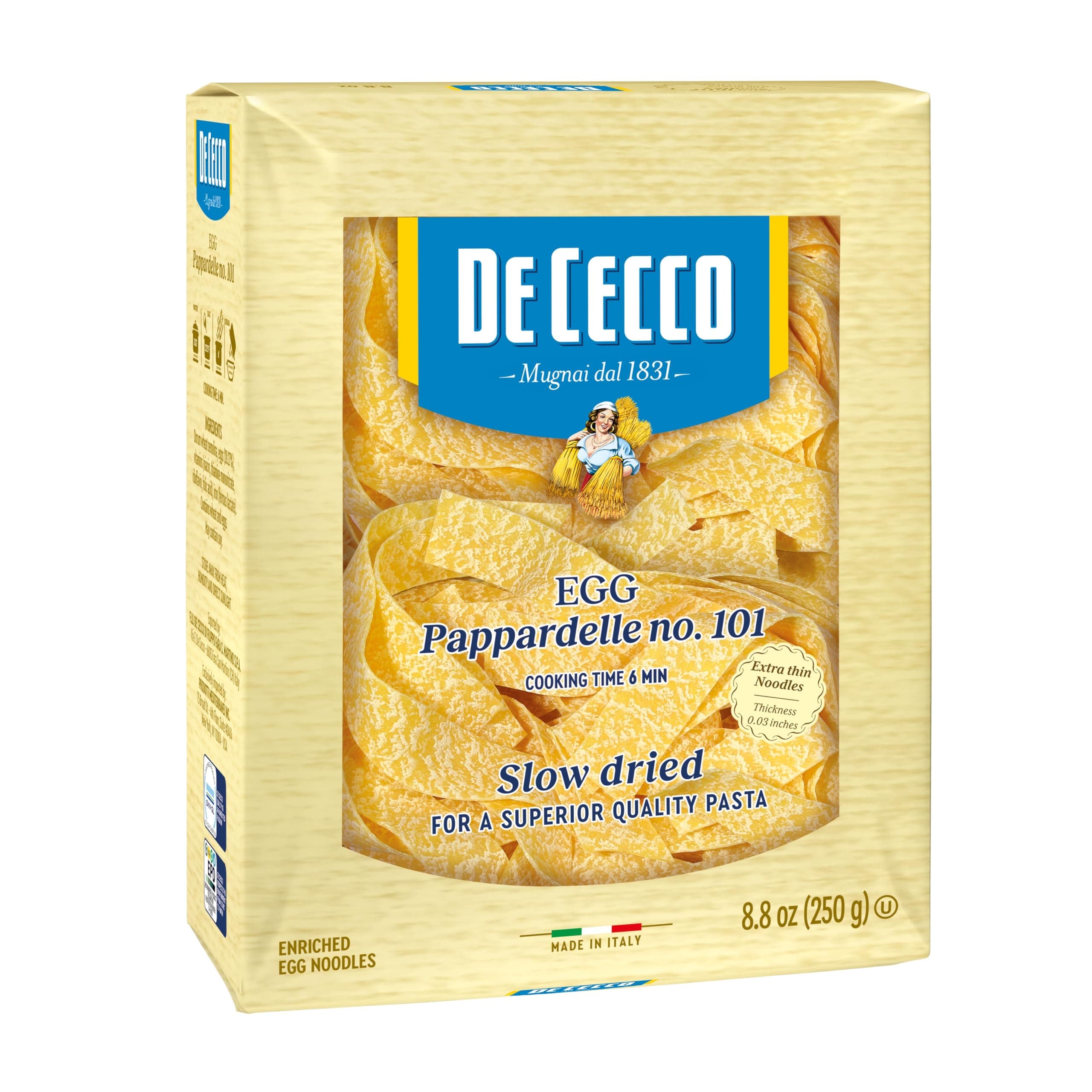 De Cecco Egg Pappardelle No. 101 Pasta, 8.8 Oz, Authentic, Slow Dried, Made with Cage Free Eggs & Durum Wheat, Versatile Pasta for Sauces & Recipes, Made in Italy