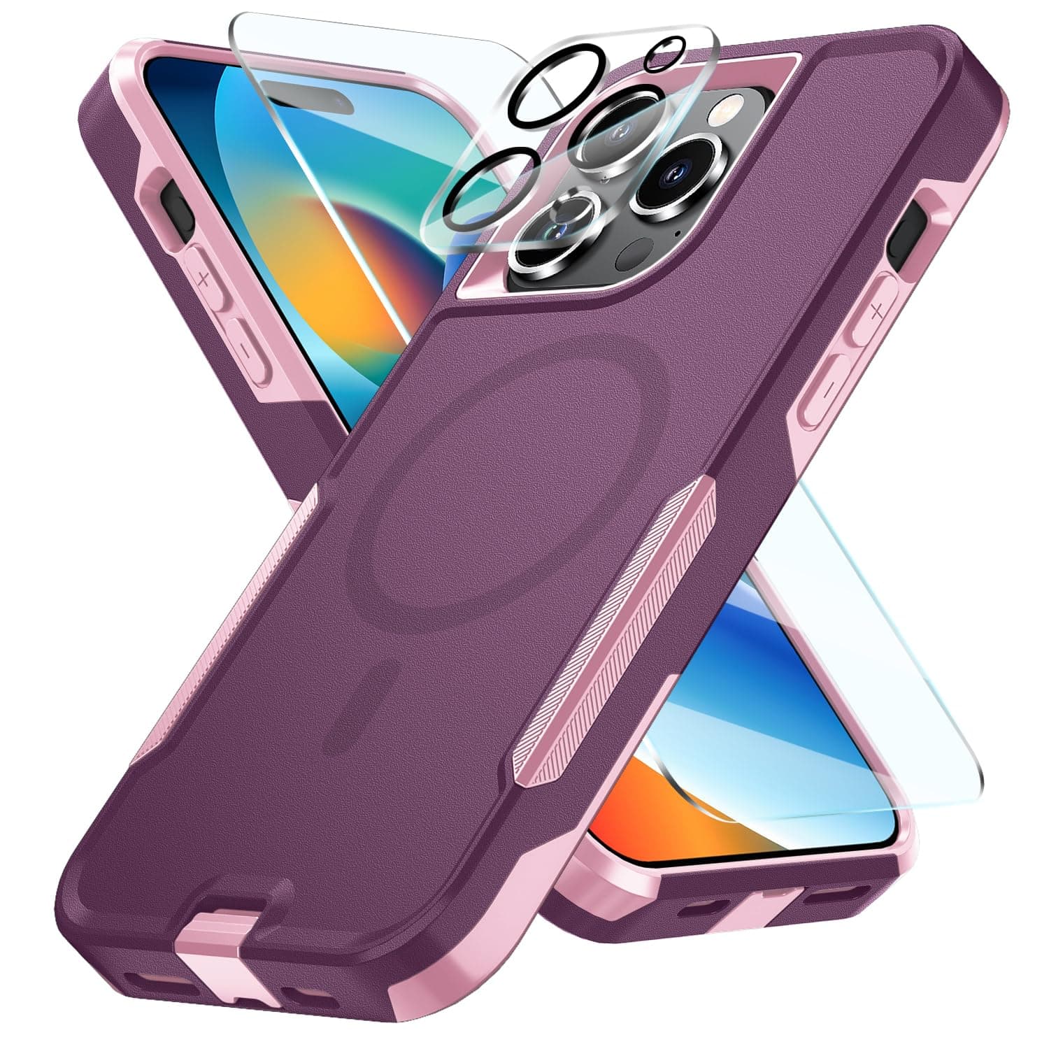 Magnetic for iPhone 15 Pro Max Case with Camera Lens Protector & Tempered Glass Screen Protector, [Compatible with Mag-Safe] Heavy-Duty for iPhone 15 Pro Max Phone Case 6.7" (WineRed Pink)