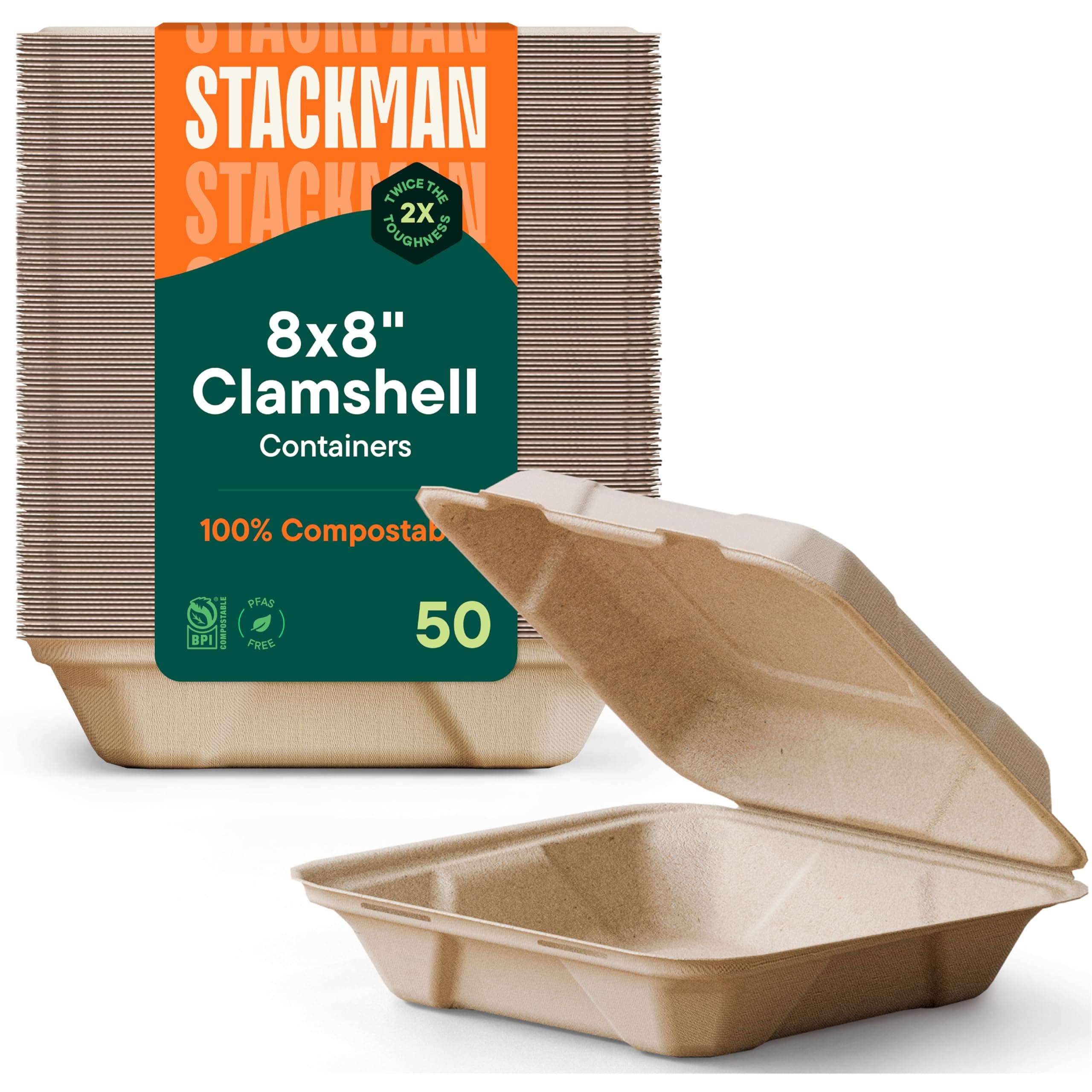Stack Man 100% Compostable Clamshell Take Out Food Containers [8X8" 50-Pack] Heavy-Duty Quality to go Containers, Natural Disposable Bagasse, Eco-Friendly Biodegradable Made of Sugar Cane Fibers